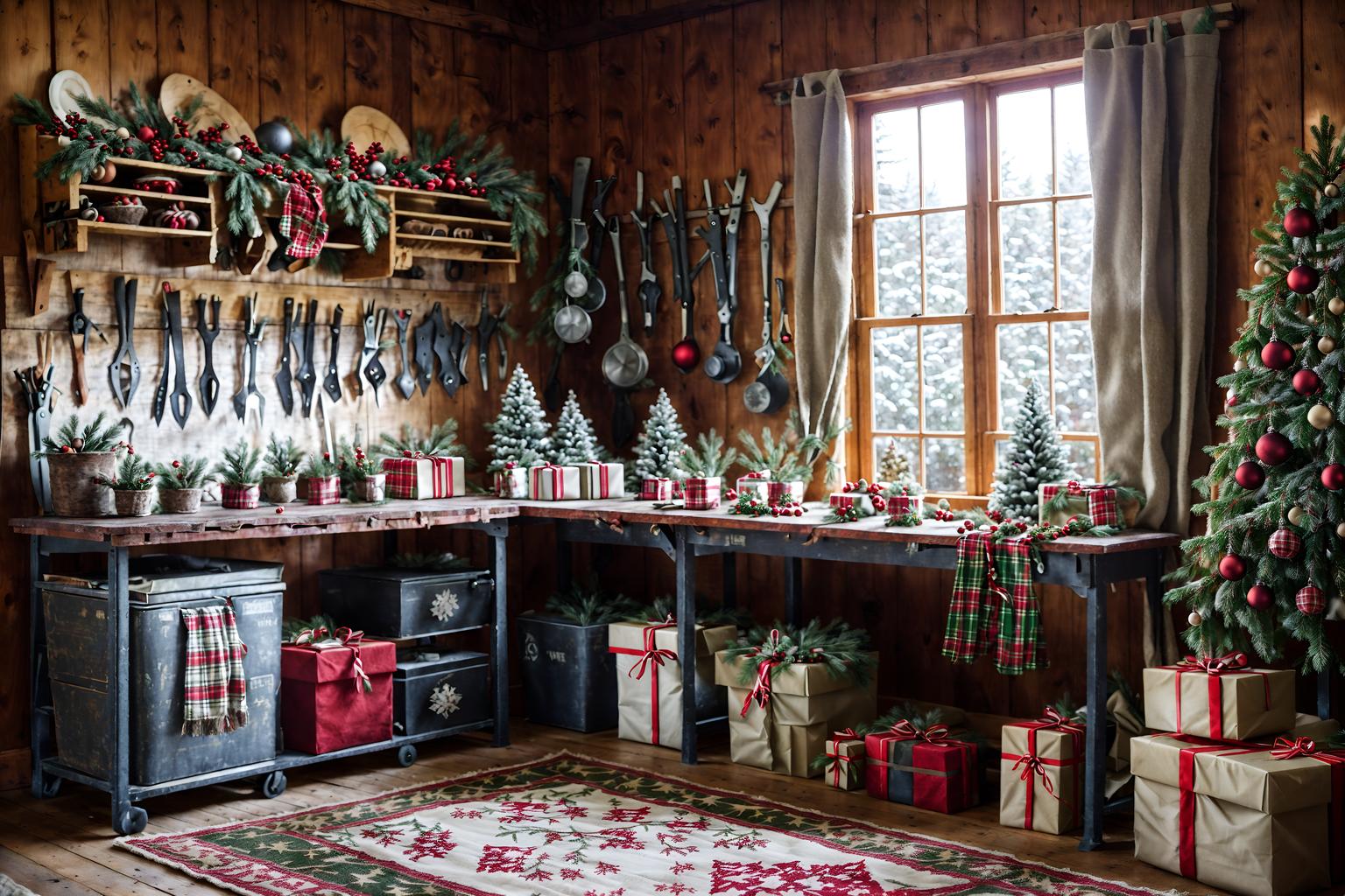 christmas-style (workshop interior) with tool wall and messy and wooden workbench and tool wall. . with snow outside and a few big socks hanging and berries and greenery draped and plaid rugs and christmas ornaments and tie pinecones and berries and ribbons and giftwrapped gifts. . cinematic photo, highly detailed, cinematic lighting, ultra-detailed, ultrarealistic, photorealism, 8k. christmas interior design style. masterpiece, cinematic light, ultrarealistic+, photorealistic+, 8k, raw photo, realistic, sharp focus on eyes, (symmetrical eyes), (intact eyes), hyperrealistic, highest quality, best quality, , highly detailed, masterpiece, best quality, extremely detailed 8k wallpaper, masterpiece, best quality, ultra-detailed, best shadow, detailed background, detailed face, detailed eyes, high contrast, best illumination, detailed face, dulux, caustic, dynamic angle, detailed glow. dramatic lighting. highly detailed, insanely detailed hair, symmetrical, intricate details, professionally retouched, 8k high definition. strong bokeh. award winning photo.