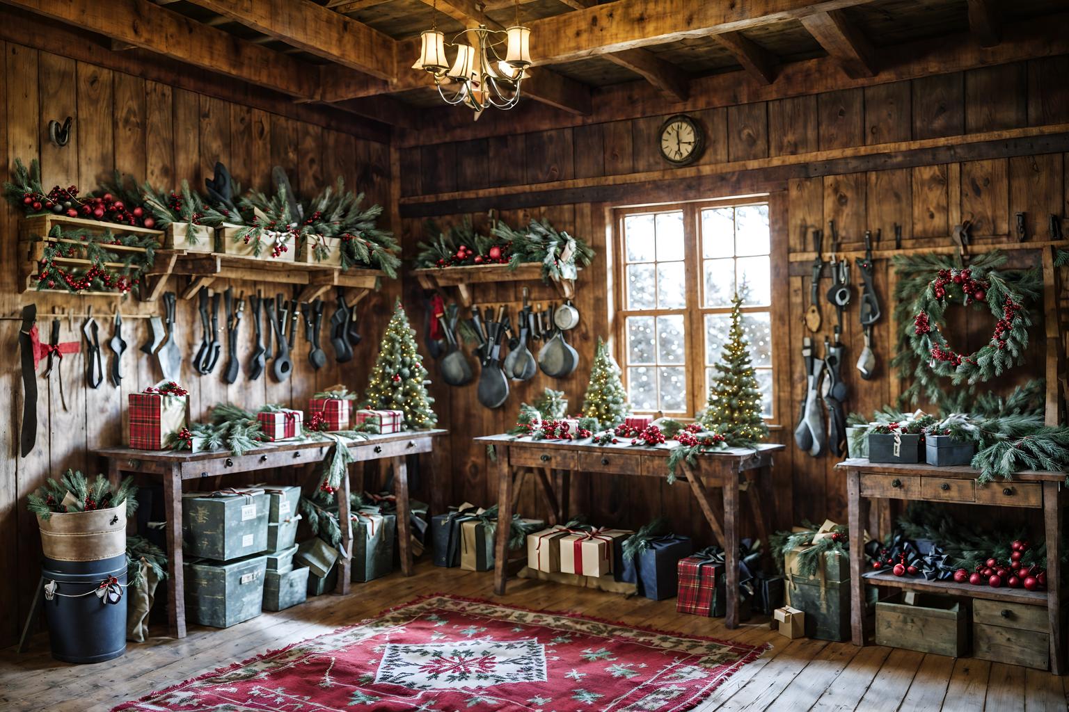 christmas-style (workshop interior) with tool wall and messy and wooden workbench and tool wall. . with snow outside and a few big socks hanging and berries and greenery draped and plaid rugs and christmas ornaments and tie pinecones and berries and ribbons and giftwrapped gifts. . cinematic photo, highly detailed, cinematic lighting, ultra-detailed, ultrarealistic, photorealism, 8k. christmas interior design style. masterpiece, cinematic light, ultrarealistic+, photorealistic+, 8k, raw photo, realistic, sharp focus on eyes, (symmetrical eyes), (intact eyes), hyperrealistic, highest quality, best quality, , highly detailed, masterpiece, best quality, extremely detailed 8k wallpaper, masterpiece, best quality, ultra-detailed, best shadow, detailed background, detailed face, detailed eyes, high contrast, best illumination, detailed face, dulux, caustic, dynamic angle, detailed glow. dramatic lighting. highly detailed, insanely detailed hair, symmetrical, intricate details, professionally retouched, 8k high definition. strong bokeh. award winning photo.