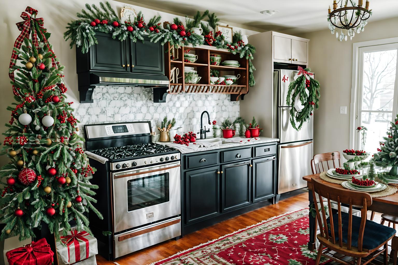 christmas-style (kitchen living combo interior) with furniture and refrigerator and sink and worktops and plant and plant and bookshelves and stove. . with berries and greenery draped and tie pinecones and berries and plaid rugs and a few big socks hanging and ribbons and giftwrapped gifts and snow outside and christmas ornaments. . cinematic photo, highly detailed, cinematic lighting, ultra-detailed, ultrarealistic, photorealism, 8k. christmas interior design style. masterpiece, cinematic light, ultrarealistic+, photorealistic+, 8k, raw photo, realistic, sharp focus on eyes, (symmetrical eyes), (intact eyes), hyperrealistic, highest quality, best quality, , highly detailed, masterpiece, best quality, extremely detailed 8k wallpaper, masterpiece, best quality, ultra-detailed, best shadow, detailed background, detailed face, detailed eyes, high contrast, best illumination, detailed face, dulux, caustic, dynamic angle, detailed glow. dramatic lighting. highly detailed, insanely detailed hair, symmetrical, intricate details, professionally retouched, 8k high definition. strong bokeh. award winning photo.