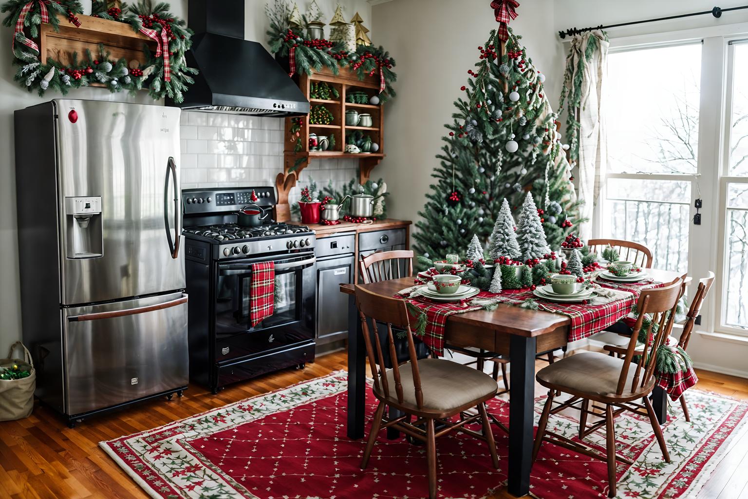 christmas-style (kitchen living combo interior) with furniture and refrigerator and sink and worktops and plant and plant and bookshelves and stove. . with berries and greenery draped and tie pinecones and berries and plaid rugs and a few big socks hanging and ribbons and giftwrapped gifts and snow outside and christmas ornaments. . cinematic photo, highly detailed, cinematic lighting, ultra-detailed, ultrarealistic, photorealism, 8k. christmas interior design style. masterpiece, cinematic light, ultrarealistic+, photorealistic+, 8k, raw photo, realistic, sharp focus on eyes, (symmetrical eyes), (intact eyes), hyperrealistic, highest quality, best quality, , highly detailed, masterpiece, best quality, extremely detailed 8k wallpaper, masterpiece, best quality, ultra-detailed, best shadow, detailed background, detailed face, detailed eyes, high contrast, best illumination, detailed face, dulux, caustic, dynamic angle, detailed glow. dramatic lighting. highly detailed, insanely detailed hair, symmetrical, intricate details, professionally retouched, 8k high definition. strong bokeh. award winning photo.