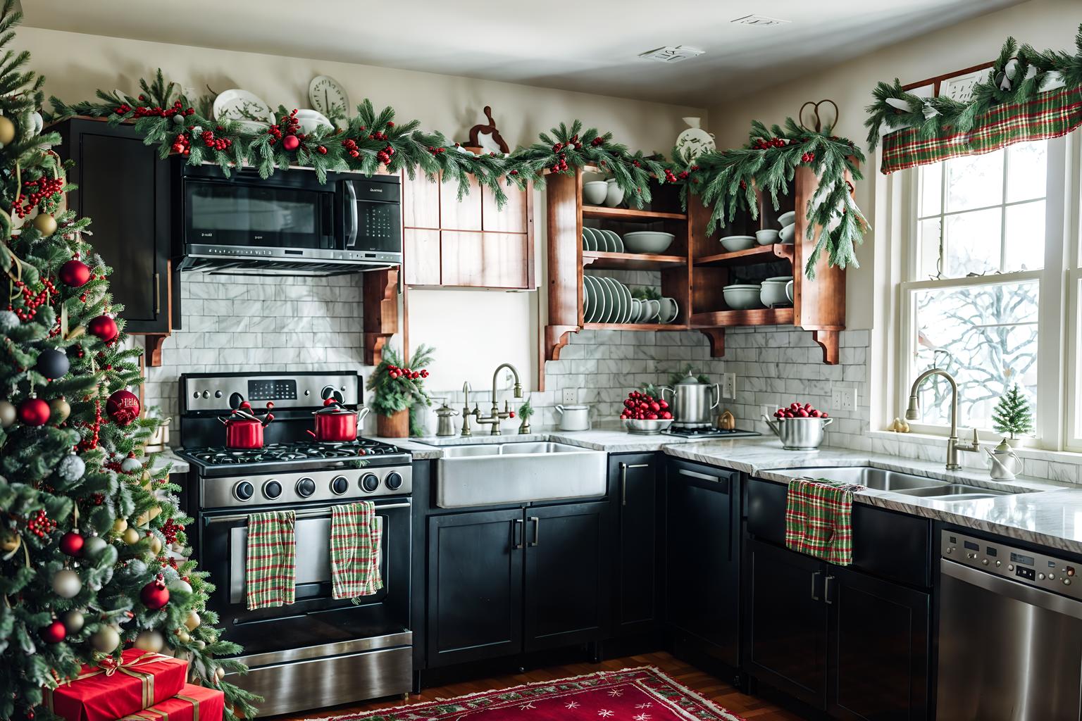 christmas-style (kitchen living combo interior) with furniture and refrigerator and sink and worktops and plant and plant and bookshelves and stove. . with berries and greenery draped and tie pinecones and berries and plaid rugs and a few big socks hanging and ribbons and giftwrapped gifts and snow outside and christmas ornaments. . cinematic photo, highly detailed, cinematic lighting, ultra-detailed, ultrarealistic, photorealism, 8k. christmas interior design style. masterpiece, cinematic light, ultrarealistic+, photorealistic+, 8k, raw photo, realistic, sharp focus on eyes, (symmetrical eyes), (intact eyes), hyperrealistic, highest quality, best quality, , highly detailed, masterpiece, best quality, extremely detailed 8k wallpaper, masterpiece, best quality, ultra-detailed, best shadow, detailed background, detailed face, detailed eyes, high contrast, best illumination, detailed face, dulux, caustic, dynamic angle, detailed glow. dramatic lighting. highly detailed, insanely detailed hair, symmetrical, intricate details, professionally retouched, 8k high definition. strong bokeh. award winning photo.