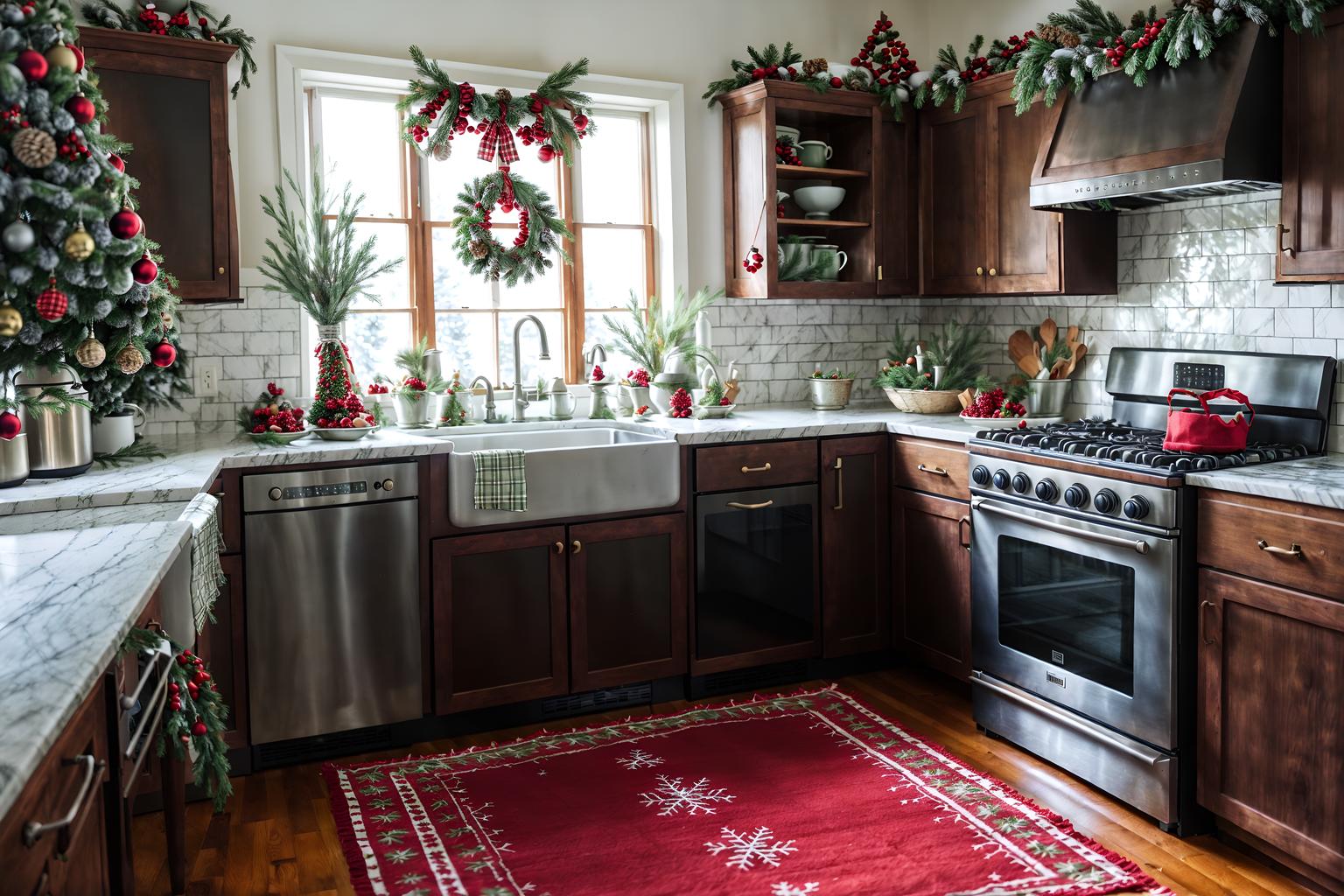 christmas-style (kitchen living combo interior) with furniture and refrigerator and sink and worktops and plant and plant and bookshelves and stove. . with berries and greenery draped and tie pinecones and berries and plaid rugs and a few big socks hanging and ribbons and giftwrapped gifts and snow outside and christmas ornaments. . cinematic photo, highly detailed, cinematic lighting, ultra-detailed, ultrarealistic, photorealism, 8k. christmas interior design style. masterpiece, cinematic light, ultrarealistic+, photorealistic+, 8k, raw photo, realistic, sharp focus on eyes, (symmetrical eyes), (intact eyes), hyperrealistic, highest quality, best quality, , highly detailed, masterpiece, best quality, extremely detailed 8k wallpaper, masterpiece, best quality, ultra-detailed, best shadow, detailed background, detailed face, detailed eyes, high contrast, best illumination, detailed face, dulux, caustic, dynamic angle, detailed glow. dramatic lighting. highly detailed, insanely detailed hair, symmetrical, intricate details, professionally retouched, 8k high definition. strong bokeh. award winning photo.