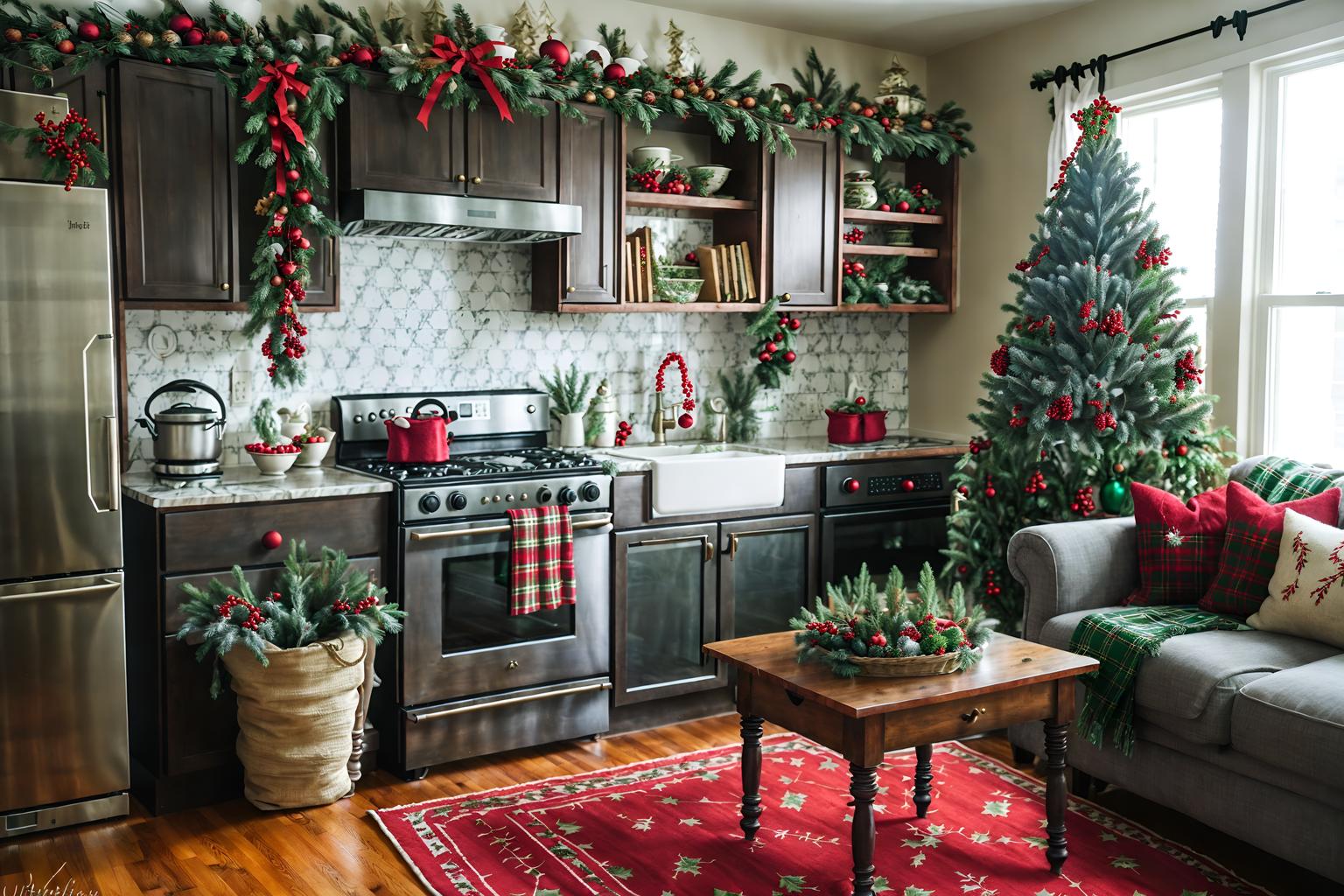 christmas-style (kitchen living combo interior) with furniture and refrigerator and sink and worktops and plant and plant and bookshelves and stove. . with berries and greenery draped and tie pinecones and berries and plaid rugs and a few big socks hanging and ribbons and giftwrapped gifts and snow outside and christmas ornaments. . cinematic photo, highly detailed, cinematic lighting, ultra-detailed, ultrarealistic, photorealism, 8k. christmas interior design style. masterpiece, cinematic light, ultrarealistic+, photorealistic+, 8k, raw photo, realistic, sharp focus on eyes, (symmetrical eyes), (intact eyes), hyperrealistic, highest quality, best quality, , highly detailed, masterpiece, best quality, extremely detailed 8k wallpaper, masterpiece, best quality, ultra-detailed, best shadow, detailed background, detailed face, detailed eyes, high contrast, best illumination, detailed face, dulux, caustic, dynamic angle, detailed glow. dramatic lighting. highly detailed, insanely detailed hair, symmetrical, intricate details, professionally retouched, 8k high definition. strong bokeh. award winning photo.