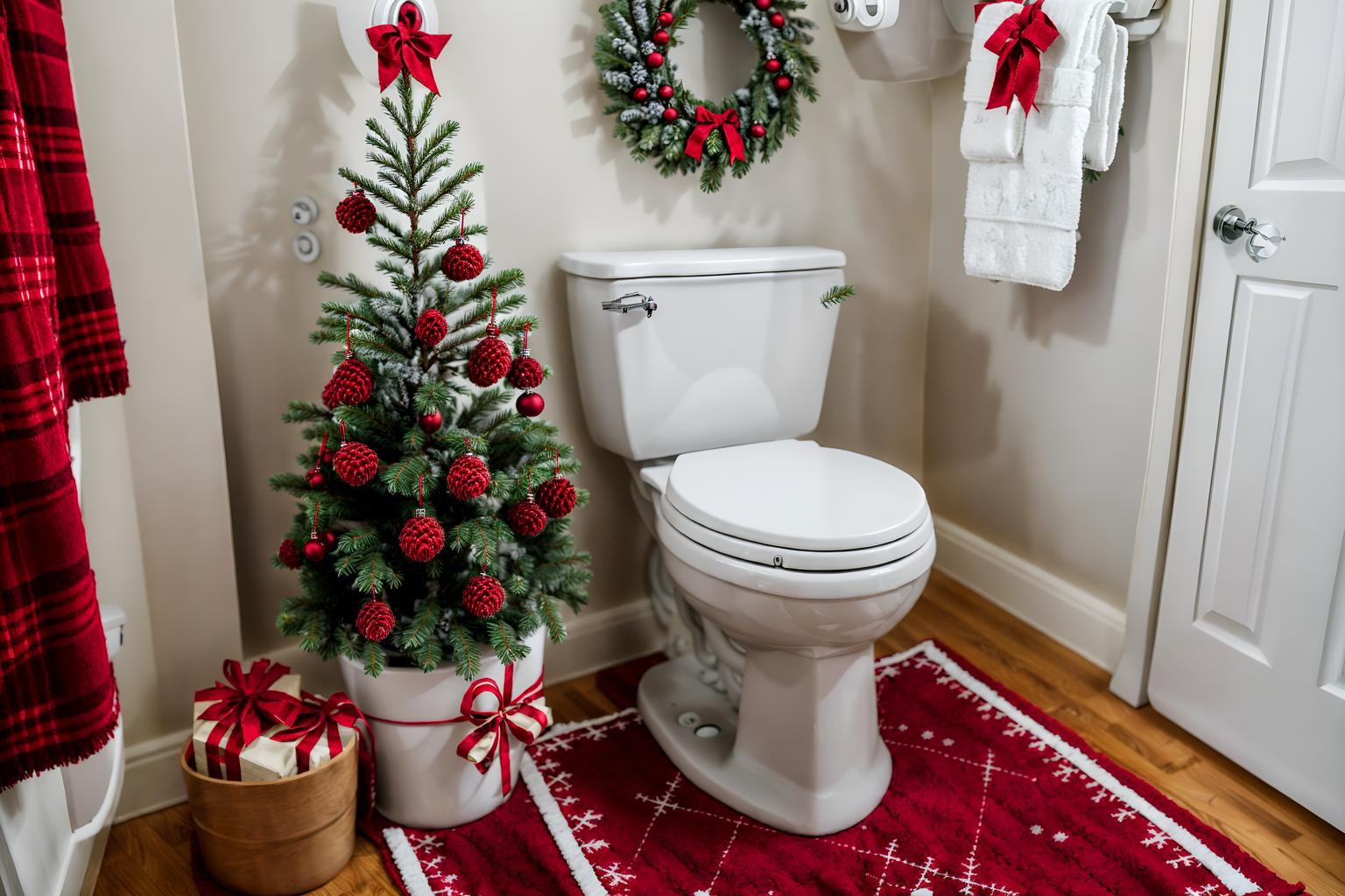 christmas-style (toilet interior) with sink with tap and toilet with toilet seat up and toilet paper hanger and sink with tap. . with plaid rugs and christmas ornaments and snow outside and a few big socks hanging and tie pinecones and berries and ribbons and giftwrapped gifts and berries and greenery draped. . cinematic photo, highly detailed, cinematic lighting, ultra-detailed, ultrarealistic, photorealism, 8k. christmas interior design style. masterpiece, cinematic light, ultrarealistic+, photorealistic+, 8k, raw photo, realistic, sharp focus on eyes, (symmetrical eyes), (intact eyes), hyperrealistic, highest quality, best quality, , highly detailed, masterpiece, best quality, extremely detailed 8k wallpaper, masterpiece, best quality, ultra-detailed, best shadow, detailed background, detailed face, detailed eyes, high contrast, best illumination, detailed face, dulux, caustic, dynamic angle, detailed glow. dramatic lighting. highly detailed, insanely detailed hair, symmetrical, intricate details, professionally retouched, 8k high definition. strong bokeh. award winning photo.
