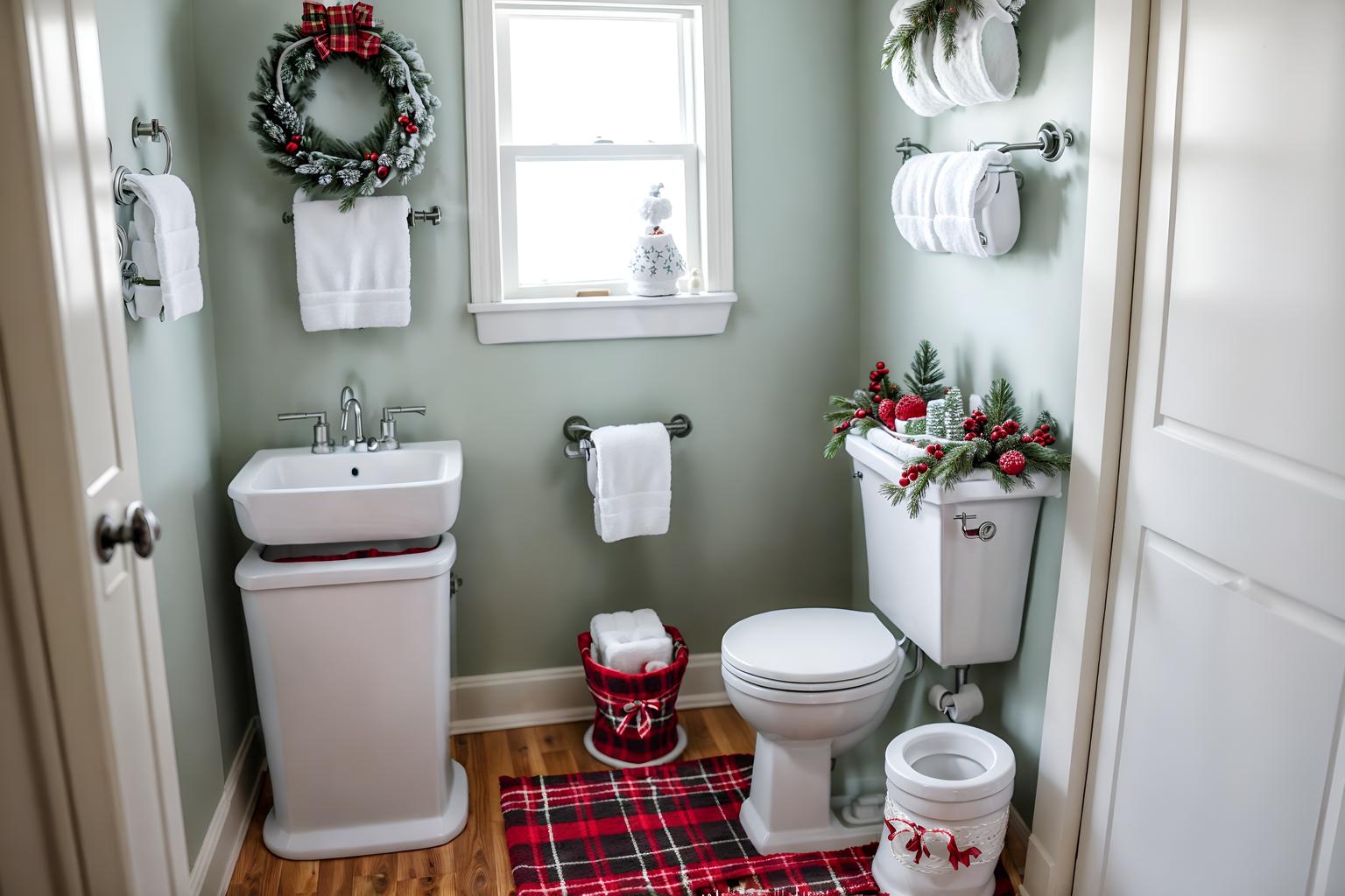 christmas-style (toilet interior) with sink with tap and toilet with toilet seat up and toilet paper hanger and sink with tap. . with plaid rugs and christmas ornaments and snow outside and a few big socks hanging and tie pinecones and berries and ribbons and giftwrapped gifts and berries and greenery draped. . cinematic photo, highly detailed, cinematic lighting, ultra-detailed, ultrarealistic, photorealism, 8k. christmas interior design style. masterpiece, cinematic light, ultrarealistic+, photorealistic+, 8k, raw photo, realistic, sharp focus on eyes, (symmetrical eyes), (intact eyes), hyperrealistic, highest quality, best quality, , highly detailed, masterpiece, best quality, extremely detailed 8k wallpaper, masterpiece, best quality, ultra-detailed, best shadow, detailed background, detailed face, detailed eyes, high contrast, best illumination, detailed face, dulux, caustic, dynamic angle, detailed glow. dramatic lighting. highly detailed, insanely detailed hair, symmetrical, intricate details, professionally retouched, 8k high definition. strong bokeh. award winning photo.