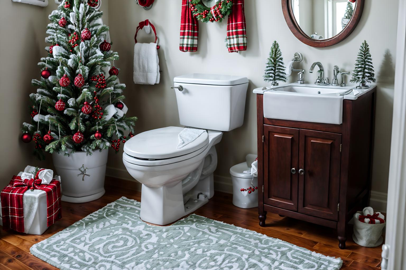 christmas-style (toilet interior) with sink with tap and toilet with toilet seat up and toilet paper hanger and sink with tap. . with plaid rugs and christmas ornaments and snow outside and a few big socks hanging and tie pinecones and berries and ribbons and giftwrapped gifts and berries and greenery draped. . cinematic photo, highly detailed, cinematic lighting, ultra-detailed, ultrarealistic, photorealism, 8k. christmas interior design style. masterpiece, cinematic light, ultrarealistic+, photorealistic+, 8k, raw photo, realistic, sharp focus on eyes, (symmetrical eyes), (intact eyes), hyperrealistic, highest quality, best quality, , highly detailed, masterpiece, best quality, extremely detailed 8k wallpaper, masterpiece, best quality, ultra-detailed, best shadow, detailed background, detailed face, detailed eyes, high contrast, best illumination, detailed face, dulux, caustic, dynamic angle, detailed glow. dramatic lighting. highly detailed, insanely detailed hair, symmetrical, intricate details, professionally retouched, 8k high definition. strong bokeh. award winning photo.