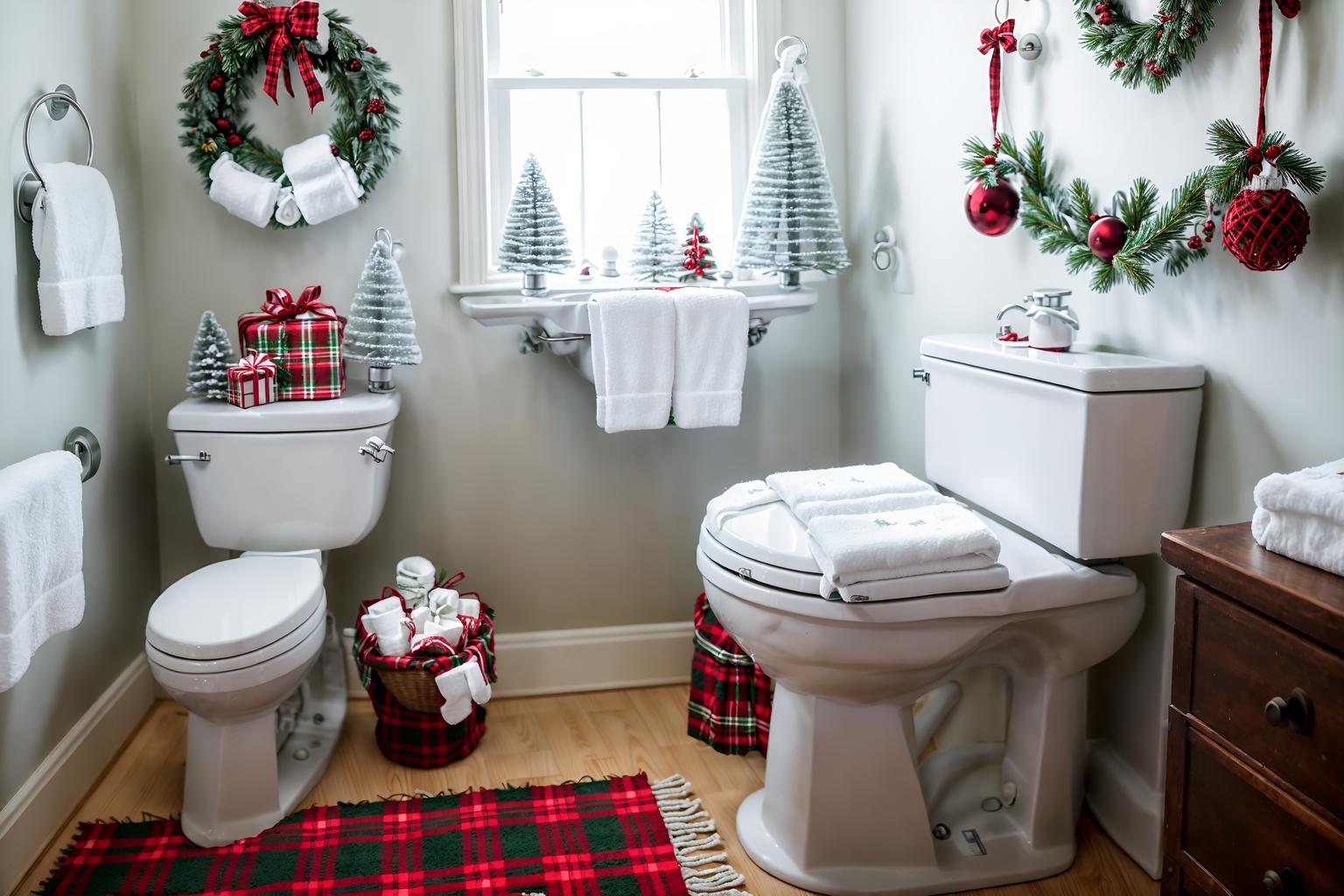 christmas-style (toilet interior) with sink with tap and toilet with toilet seat up and toilet paper hanger and sink with tap. . with plaid rugs and christmas ornaments and snow outside and a few big socks hanging and tie pinecones and berries and ribbons and giftwrapped gifts and berries and greenery draped. . cinematic photo, highly detailed, cinematic lighting, ultra-detailed, ultrarealistic, photorealism, 8k. christmas interior design style. masterpiece, cinematic light, ultrarealistic+, photorealistic+, 8k, raw photo, realistic, sharp focus on eyes, (symmetrical eyes), (intact eyes), hyperrealistic, highest quality, best quality, , highly detailed, masterpiece, best quality, extremely detailed 8k wallpaper, masterpiece, best quality, ultra-detailed, best shadow, detailed background, detailed face, detailed eyes, high contrast, best illumination, detailed face, dulux, caustic, dynamic angle, detailed glow. dramatic lighting. highly detailed, insanely detailed hair, symmetrical, intricate details, professionally retouched, 8k high definition. strong bokeh. award winning photo.