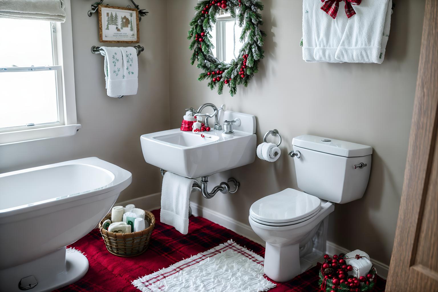 christmas-style (toilet interior) with sink with tap and toilet with toilet seat up and toilet paper hanger and sink with tap. . with plaid rugs and christmas ornaments and snow outside and a few big socks hanging and tie pinecones and berries and ribbons and giftwrapped gifts and berries and greenery draped. . cinematic photo, highly detailed, cinematic lighting, ultra-detailed, ultrarealistic, photorealism, 8k. christmas interior design style. masterpiece, cinematic light, ultrarealistic+, photorealistic+, 8k, raw photo, realistic, sharp focus on eyes, (symmetrical eyes), (intact eyes), hyperrealistic, highest quality, best quality, , highly detailed, masterpiece, best quality, extremely detailed 8k wallpaper, masterpiece, best quality, ultra-detailed, best shadow, detailed background, detailed face, detailed eyes, high contrast, best illumination, detailed face, dulux, caustic, dynamic angle, detailed glow. dramatic lighting. highly detailed, insanely detailed hair, symmetrical, intricate details, professionally retouched, 8k high definition. strong bokeh. award winning photo.