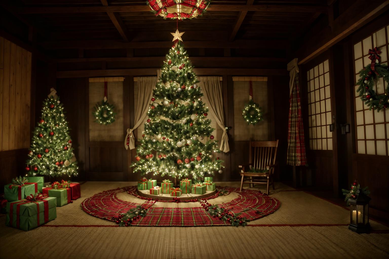 christmas-style (onsen interior) . with plaid rugs and christmas ornaments and giftwrapped gifts and a few big socks hanging and berries and greenery draped and ribbons and tie pinecones and berries and snow outside. . cinematic photo, highly detailed, cinematic lighting, ultra-detailed, ultrarealistic, photorealism, 8k. christmas interior design style. masterpiece, cinematic light, ultrarealistic+, photorealistic+, 8k, raw photo, realistic, sharp focus on eyes, (symmetrical eyes), (intact eyes), hyperrealistic, highest quality, best quality, , highly detailed, masterpiece, best quality, extremely detailed 8k wallpaper, masterpiece, best quality, ultra-detailed, best shadow, detailed background, detailed face, detailed eyes, high contrast, best illumination, detailed face, dulux, caustic, dynamic angle, detailed glow. dramatic lighting. highly detailed, insanely detailed hair, symmetrical, intricate details, professionally retouched, 8k high definition. strong bokeh. award winning photo.