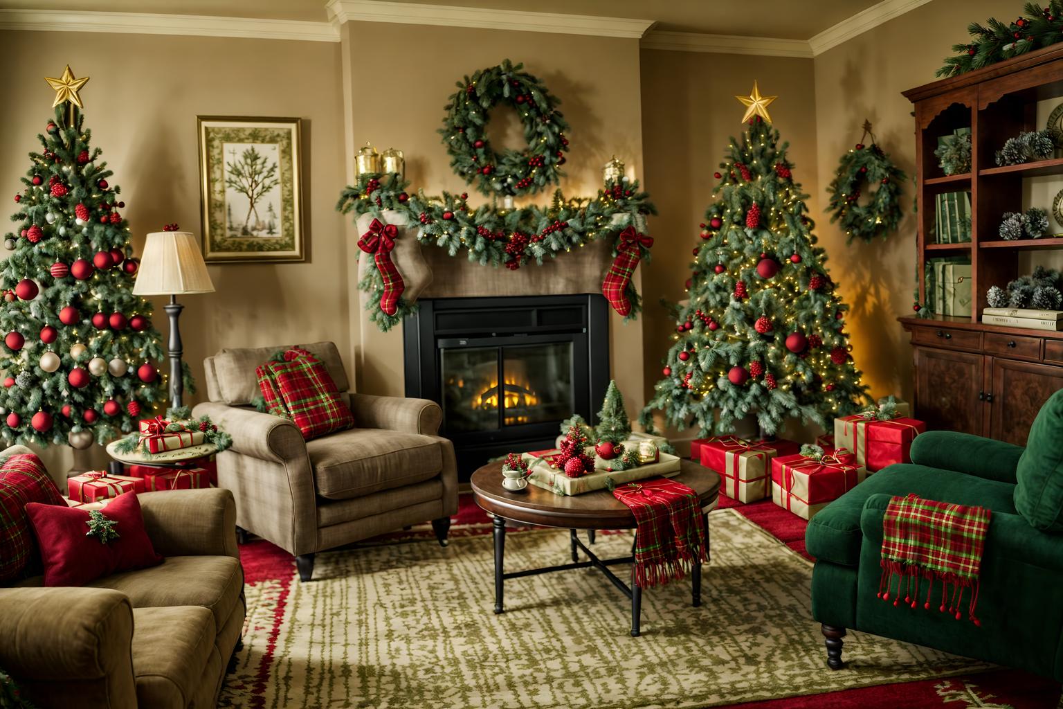 christmas-style (living room interior) with occasional tables and televisions and chairs and electric lamps and rug and sofa and furniture and bookshelves. . with a few big socks hanging and plaid rugs and christmas ornaments and snow outside and tie pinecones and berries and giftwrapped gifts and ribbons and berries and greenery draped. . cinematic photo, highly detailed, cinematic lighting, ultra-detailed, ultrarealistic, photorealism, 8k. christmas interior design style. masterpiece, cinematic light, ultrarealistic+, photorealistic+, 8k, raw photo, realistic, sharp focus on eyes, (symmetrical eyes), (intact eyes), hyperrealistic, highest quality, best quality, , highly detailed, masterpiece, best quality, extremely detailed 8k wallpaper, masterpiece, best quality, ultra-detailed, best shadow, detailed background, detailed face, detailed eyes, high contrast, best illumination, detailed face, dulux, caustic, dynamic angle, detailed glow. dramatic lighting. highly detailed, insanely detailed hair, symmetrical, intricate details, professionally retouched, 8k high definition. strong bokeh. award winning photo.