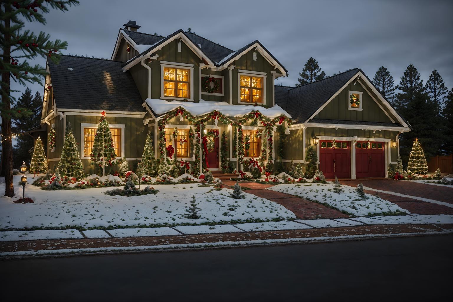 christmas-style exterior designed (house exterior exterior) . with a few big socks hanging and ribbons and berries and greenery draped and tie pinecones and berries and snow outside and giftwrapped gifts and plaid rugs and christmas ornaments. . cinematic photo, highly detailed, cinematic lighting, ultra-detailed, ultrarealistic, photorealism, 8k. christmas exterior design style. masterpiece, cinematic light, ultrarealistic+, photorealistic+, 8k, raw photo, realistic, sharp focus on eyes, (symmetrical eyes), (intact eyes), hyperrealistic, highest quality, best quality, , highly detailed, masterpiece, best quality, extremely detailed 8k wallpaper, masterpiece, best quality, ultra-detailed, best shadow, detailed background, detailed face, detailed eyes, high contrast, best illumination, detailed face, dulux, caustic, dynamic angle, detailed glow. dramatic lighting. highly detailed, insanely detailed hair, symmetrical, intricate details, professionally retouched, 8k high definition. strong bokeh. award winning photo.