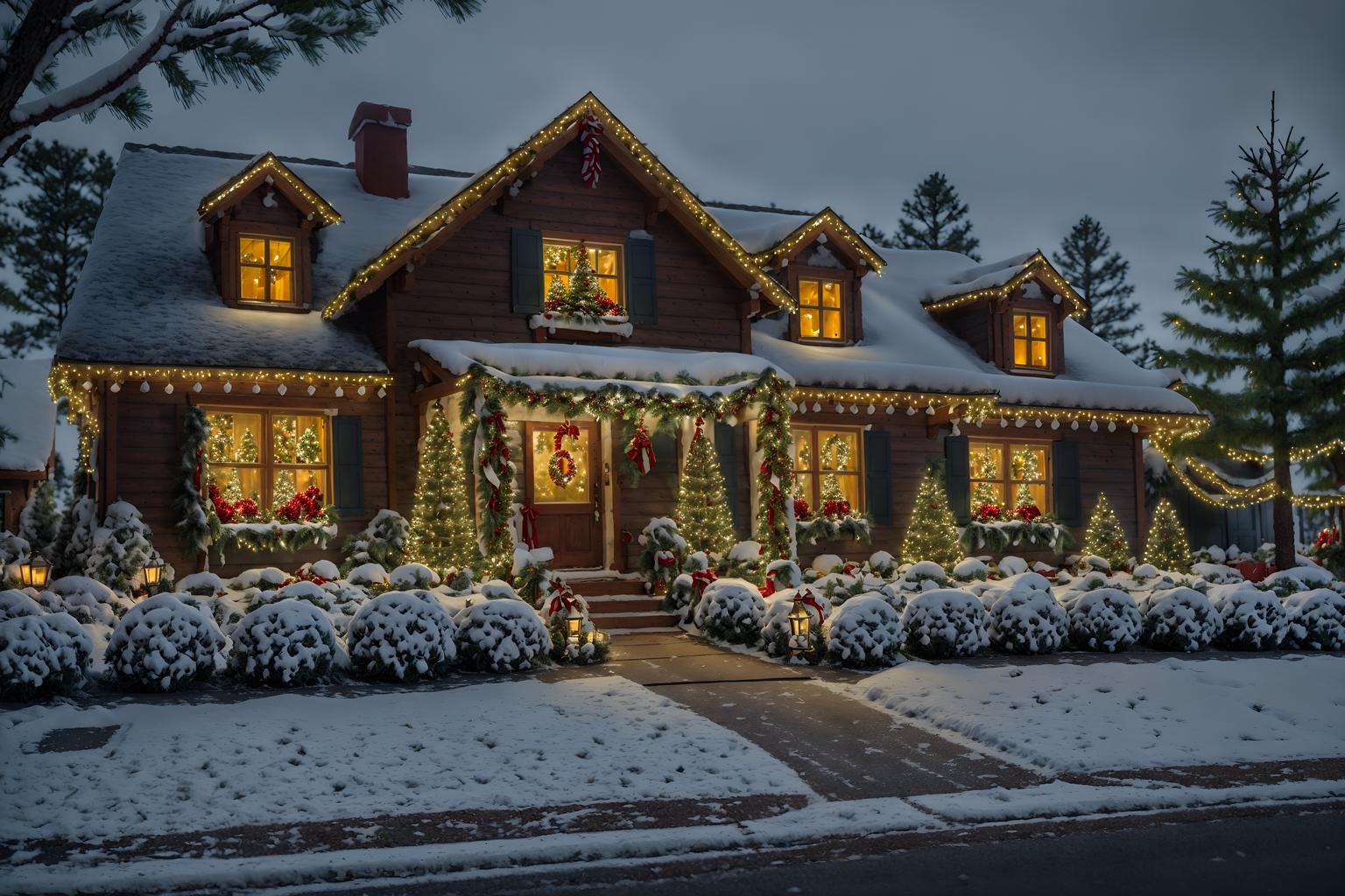 christmas-style exterior designed (house exterior exterior) . with a few big socks hanging and ribbons and berries and greenery draped and tie pinecones and berries and snow outside and giftwrapped gifts and plaid rugs and christmas ornaments. . cinematic photo, highly detailed, cinematic lighting, ultra-detailed, ultrarealistic, photorealism, 8k. christmas exterior design style. masterpiece, cinematic light, ultrarealistic+, photorealistic+, 8k, raw photo, realistic, sharp focus on eyes, (symmetrical eyes), (intact eyes), hyperrealistic, highest quality, best quality, , highly detailed, masterpiece, best quality, extremely detailed 8k wallpaper, masterpiece, best quality, ultra-detailed, best shadow, detailed background, detailed face, detailed eyes, high contrast, best illumination, detailed face, dulux, caustic, dynamic angle, detailed glow. dramatic lighting. highly detailed, insanely detailed hair, symmetrical, intricate details, professionally retouched, 8k high definition. strong bokeh. award winning photo.