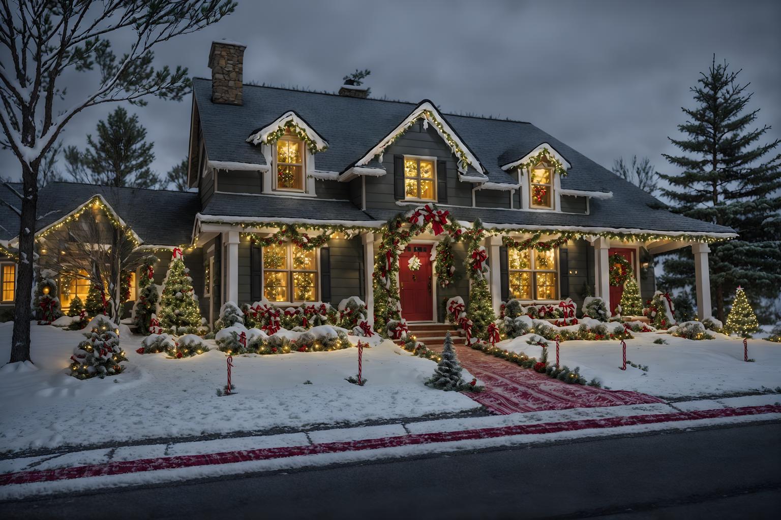 christmas-style exterior designed (house exterior exterior) . with a few big socks hanging and ribbons and berries and greenery draped and tie pinecones and berries and snow outside and giftwrapped gifts and plaid rugs and christmas ornaments. . cinematic photo, highly detailed, cinematic lighting, ultra-detailed, ultrarealistic, photorealism, 8k. christmas exterior design style. masterpiece, cinematic light, ultrarealistic+, photorealistic+, 8k, raw photo, realistic, sharp focus on eyes, (symmetrical eyes), (intact eyes), hyperrealistic, highest quality, best quality, , highly detailed, masterpiece, best quality, extremely detailed 8k wallpaper, masterpiece, best quality, ultra-detailed, best shadow, detailed background, detailed face, detailed eyes, high contrast, best illumination, detailed face, dulux, caustic, dynamic angle, detailed glow. dramatic lighting. highly detailed, insanely detailed hair, symmetrical, intricate details, professionally retouched, 8k high definition. strong bokeh. award winning photo.