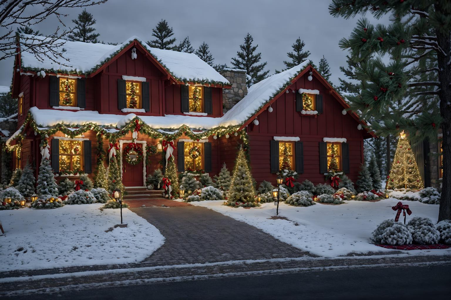 christmas-style exterior designed (house exterior exterior) . with a few big socks hanging and ribbons and berries and greenery draped and tie pinecones and berries and snow outside and giftwrapped gifts and plaid rugs and christmas ornaments. . cinematic photo, highly detailed, cinematic lighting, ultra-detailed, ultrarealistic, photorealism, 8k. christmas exterior design style. masterpiece, cinematic light, ultrarealistic+, photorealistic+, 8k, raw photo, realistic, sharp focus on eyes, (symmetrical eyes), (intact eyes), hyperrealistic, highest quality, best quality, , highly detailed, masterpiece, best quality, extremely detailed 8k wallpaper, masterpiece, best quality, ultra-detailed, best shadow, detailed background, detailed face, detailed eyes, high contrast, best illumination, detailed face, dulux, caustic, dynamic angle, detailed glow. dramatic lighting. highly detailed, insanely detailed hair, symmetrical, intricate details, professionally retouched, 8k high definition. strong bokeh. award winning photo.