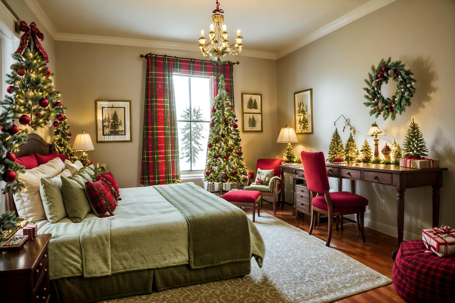 christmas-style (hotel room interior) with accent chair and plant and mirror and working desk with desk chair and bed and storage bench or ottoman and night light and dresser closet. . with tie pinecones and berries and christmas ornaments and ribbons and plaid rugs and a few big socks hanging and giftwrapped gifts and berries and greenery draped and snow outside. . cinematic photo, highly detailed, cinematic lighting, ultra-detailed, ultrarealistic, photorealism, 8k. christmas interior design style. masterpiece, cinematic light, ultrarealistic+, photorealistic+, 8k, raw photo, realistic, sharp focus on eyes, (symmetrical eyes), (intact eyes), hyperrealistic, highest quality, best quality, , highly detailed, masterpiece, best quality, extremely detailed 8k wallpaper, masterpiece, best quality, ultra-detailed, best shadow, detailed background, detailed face, detailed eyes, high contrast, best illumination, detailed face, dulux, caustic, dynamic angle, detailed glow. dramatic lighting. highly detailed, insanely detailed hair, symmetrical, intricate details, professionally retouched, 8k high definition. strong bokeh. award winning photo.