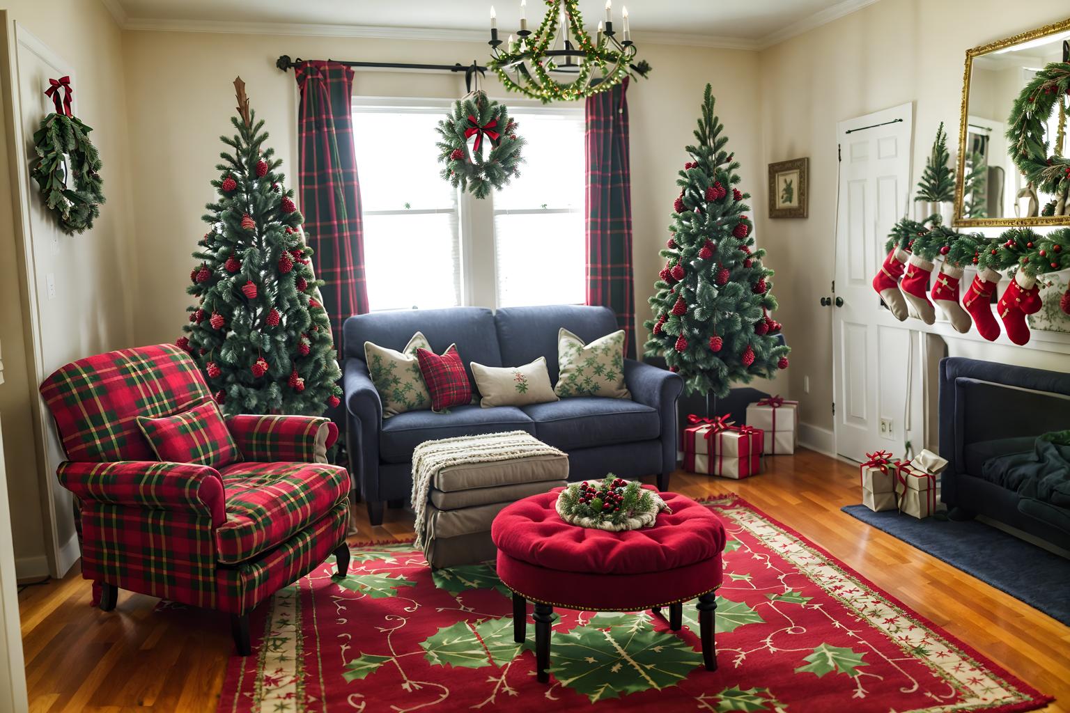 christmas-style (hotel room interior) with accent chair and plant and mirror and working desk with desk chair and bed and storage bench or ottoman and night light and dresser closet. . with tie pinecones and berries and christmas ornaments and ribbons and plaid rugs and a few big socks hanging and giftwrapped gifts and berries and greenery draped and snow outside. . cinematic photo, highly detailed, cinematic lighting, ultra-detailed, ultrarealistic, photorealism, 8k. christmas interior design style. masterpiece, cinematic light, ultrarealistic+, photorealistic+, 8k, raw photo, realistic, sharp focus on eyes, (symmetrical eyes), (intact eyes), hyperrealistic, highest quality, best quality, , highly detailed, masterpiece, best quality, extremely detailed 8k wallpaper, masterpiece, best quality, ultra-detailed, best shadow, detailed background, detailed face, detailed eyes, high contrast, best illumination, detailed face, dulux, caustic, dynamic angle, detailed glow. dramatic lighting. highly detailed, insanely detailed hair, symmetrical, intricate details, professionally retouched, 8k high definition. strong bokeh. award winning photo.