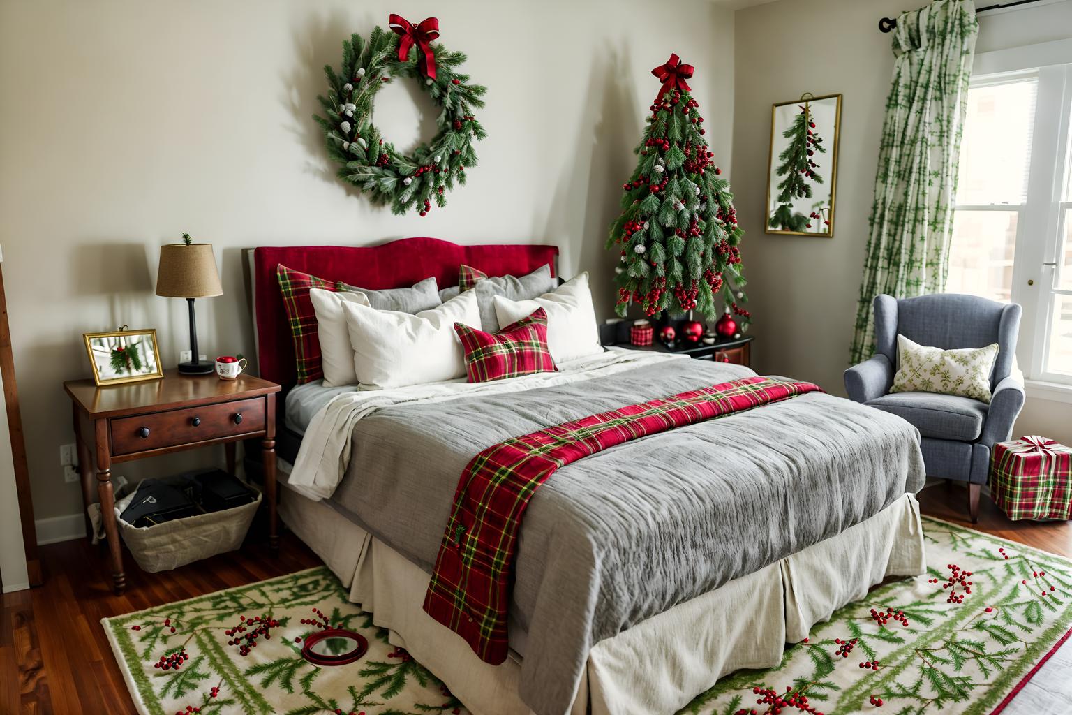 christmas-style (hotel room interior) with accent chair and plant and mirror and working desk with desk chair and bed and storage bench or ottoman and night light and dresser closet. . with tie pinecones and berries and christmas ornaments and ribbons and plaid rugs and a few big socks hanging and giftwrapped gifts and berries and greenery draped and snow outside. . cinematic photo, highly detailed, cinematic lighting, ultra-detailed, ultrarealistic, photorealism, 8k. christmas interior design style. masterpiece, cinematic light, ultrarealistic+, photorealistic+, 8k, raw photo, realistic, sharp focus on eyes, (symmetrical eyes), (intact eyes), hyperrealistic, highest quality, best quality, , highly detailed, masterpiece, best quality, extremely detailed 8k wallpaper, masterpiece, best quality, ultra-detailed, best shadow, detailed background, detailed face, detailed eyes, high contrast, best illumination, detailed face, dulux, caustic, dynamic angle, detailed glow. dramatic lighting. highly detailed, insanely detailed hair, symmetrical, intricate details, professionally retouched, 8k high definition. strong bokeh. award winning photo.