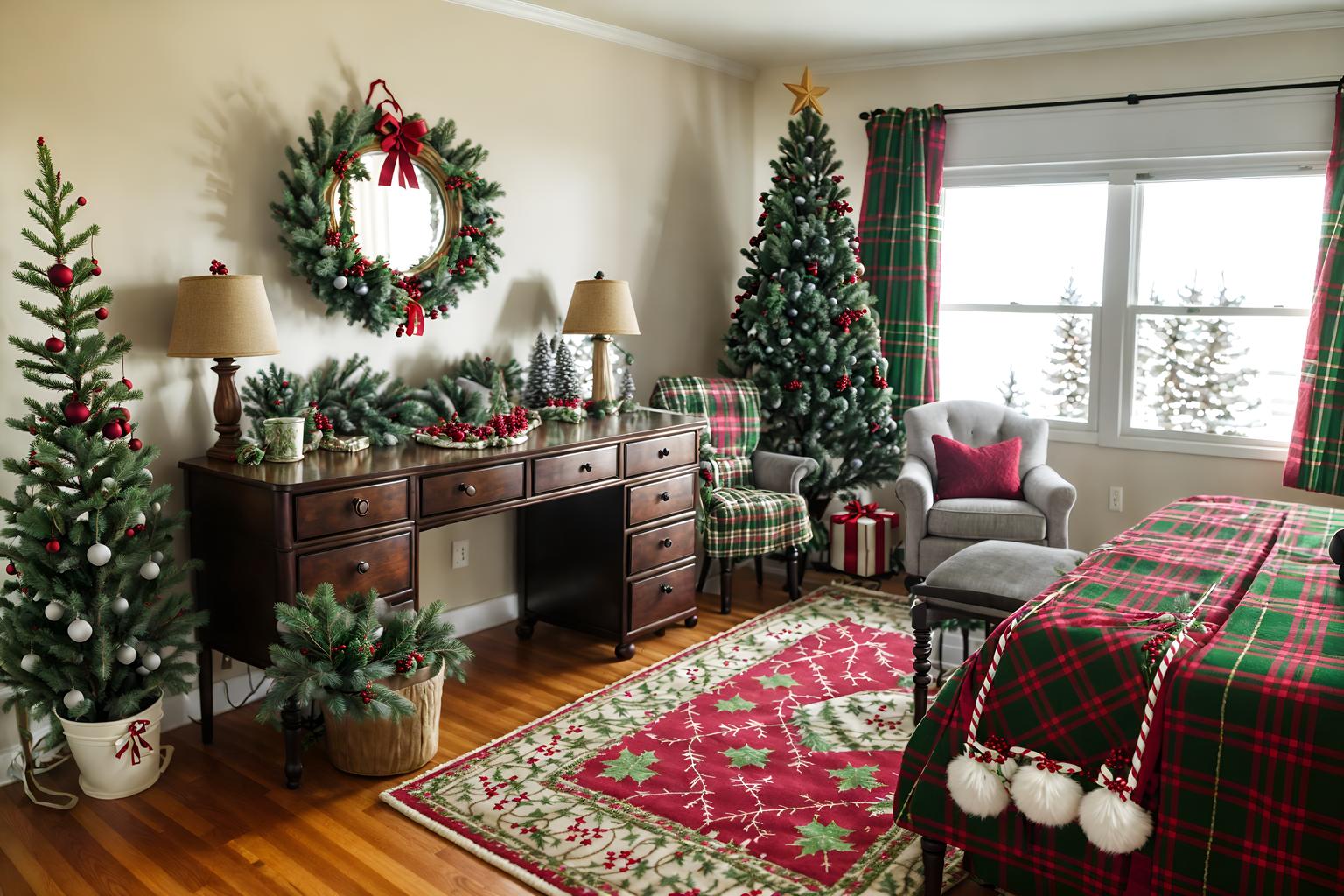 christmas-style (hotel room interior) with accent chair and plant and mirror and working desk with desk chair and bed and storage bench or ottoman and night light and dresser closet. . with tie pinecones and berries and christmas ornaments and ribbons and plaid rugs and a few big socks hanging and giftwrapped gifts and berries and greenery draped and snow outside. . cinematic photo, highly detailed, cinematic lighting, ultra-detailed, ultrarealistic, photorealism, 8k. christmas interior design style. masterpiece, cinematic light, ultrarealistic+, photorealistic+, 8k, raw photo, realistic, sharp focus on eyes, (symmetrical eyes), (intact eyes), hyperrealistic, highest quality, best quality, , highly detailed, masterpiece, best quality, extremely detailed 8k wallpaper, masterpiece, best quality, ultra-detailed, best shadow, detailed background, detailed face, detailed eyes, high contrast, best illumination, detailed face, dulux, caustic, dynamic angle, detailed glow. dramatic lighting. highly detailed, insanely detailed hair, symmetrical, intricate details, professionally retouched, 8k high definition. strong bokeh. award winning photo.