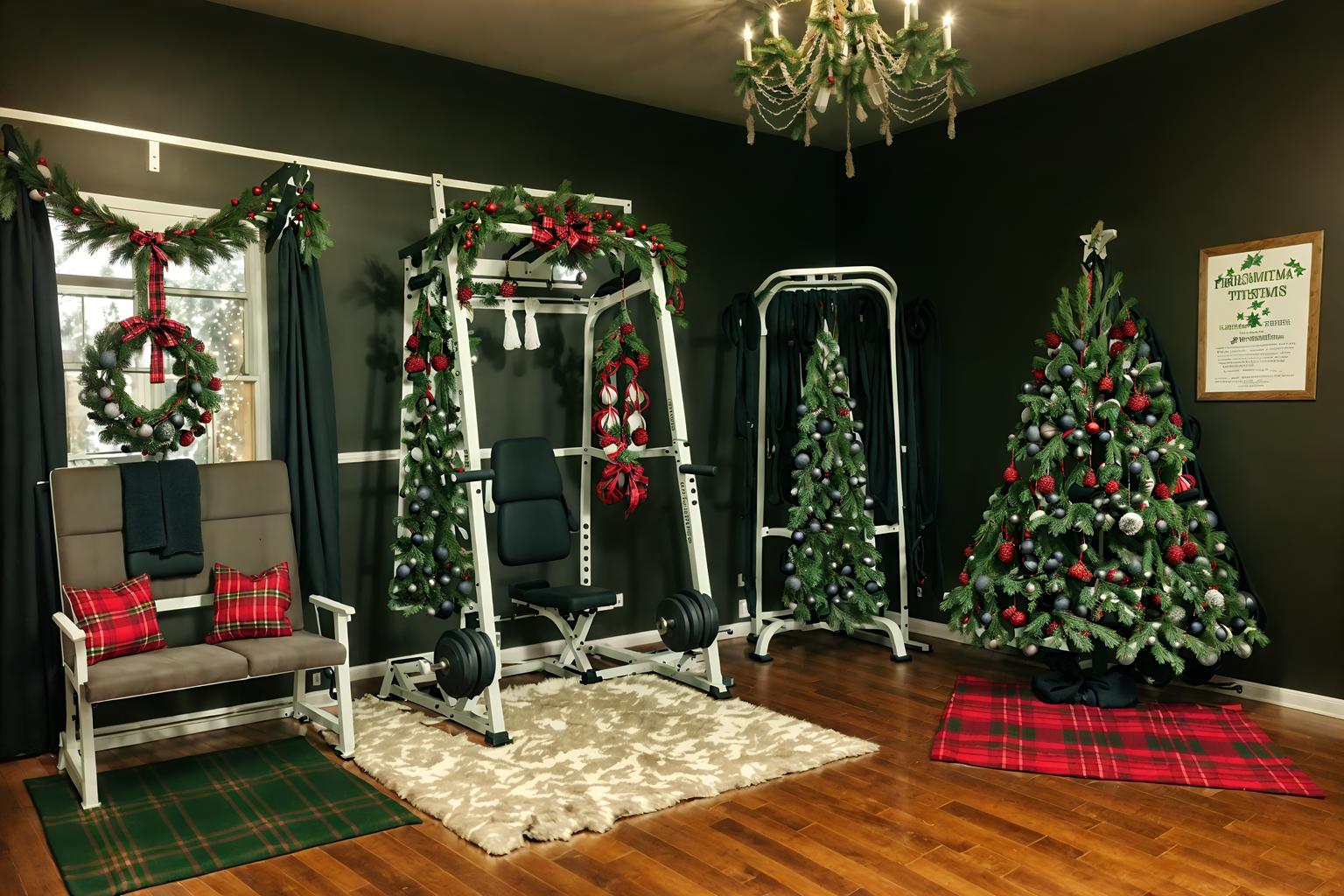 christmas-style (fitness gym interior) with crosstrainer and bench press and dumbbell stand and exercise bicycle and squat rack and crosstrainer. . with giftwrapped gifts and tie pinecones and berries and christmas ornaments and berries and greenery draped and snow outside and plaid rugs and ribbons and a few big socks hanging. . cinematic photo, highly detailed, cinematic lighting, ultra-detailed, ultrarealistic, photorealism, 8k. christmas interior design style. masterpiece, cinematic light, ultrarealistic+, photorealistic+, 8k, raw photo, realistic, sharp focus on eyes, (symmetrical eyes), (intact eyes), hyperrealistic, highest quality, best quality, , highly detailed, masterpiece, best quality, extremely detailed 8k wallpaper, masterpiece, best quality, ultra-detailed, best shadow, detailed background, detailed face, detailed eyes, high contrast, best illumination, detailed face, dulux, caustic, dynamic angle, detailed glow. dramatic lighting. highly detailed, insanely detailed hair, symmetrical, intricate details, professionally retouched, 8k high definition. strong bokeh. award winning photo.