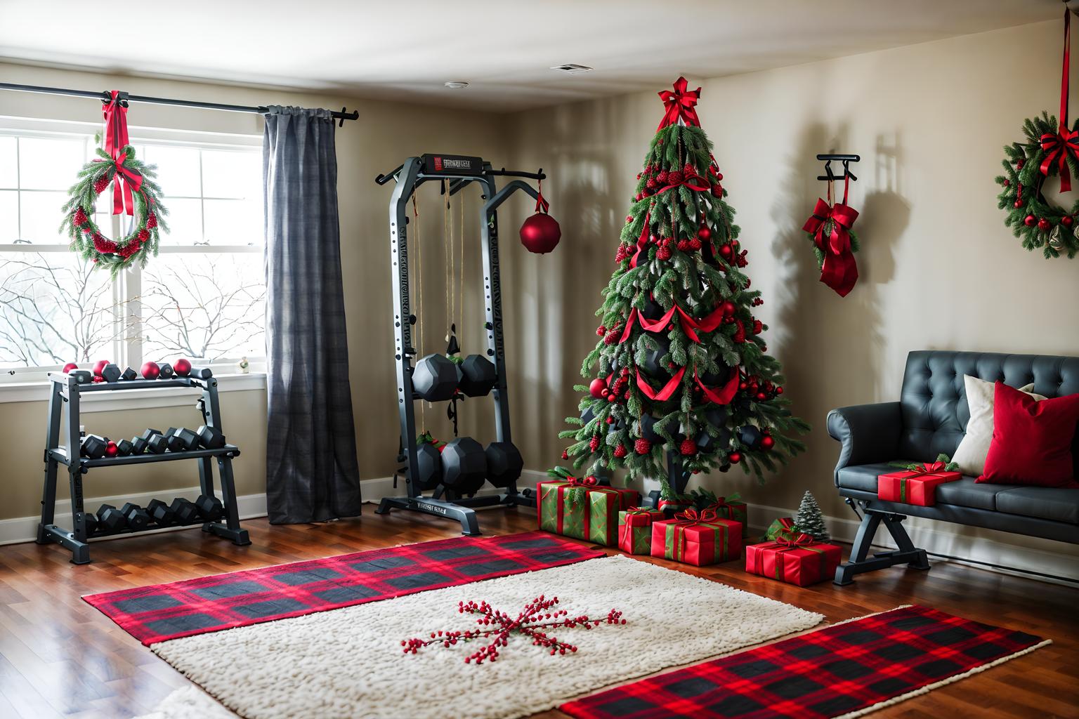 christmas-style (fitness gym interior) with crosstrainer and bench press and dumbbell stand and exercise bicycle and squat rack and crosstrainer. . with giftwrapped gifts and tie pinecones and berries and christmas ornaments and berries and greenery draped and snow outside and plaid rugs and ribbons and a few big socks hanging. . cinematic photo, highly detailed, cinematic lighting, ultra-detailed, ultrarealistic, photorealism, 8k. christmas interior design style. masterpiece, cinematic light, ultrarealistic+, photorealistic+, 8k, raw photo, realistic, sharp focus on eyes, (symmetrical eyes), (intact eyes), hyperrealistic, highest quality, best quality, , highly detailed, masterpiece, best quality, extremely detailed 8k wallpaper, masterpiece, best quality, ultra-detailed, best shadow, detailed background, detailed face, detailed eyes, high contrast, best illumination, detailed face, dulux, caustic, dynamic angle, detailed glow. dramatic lighting. highly detailed, insanely detailed hair, symmetrical, intricate details, professionally retouched, 8k high definition. strong bokeh. award winning photo.