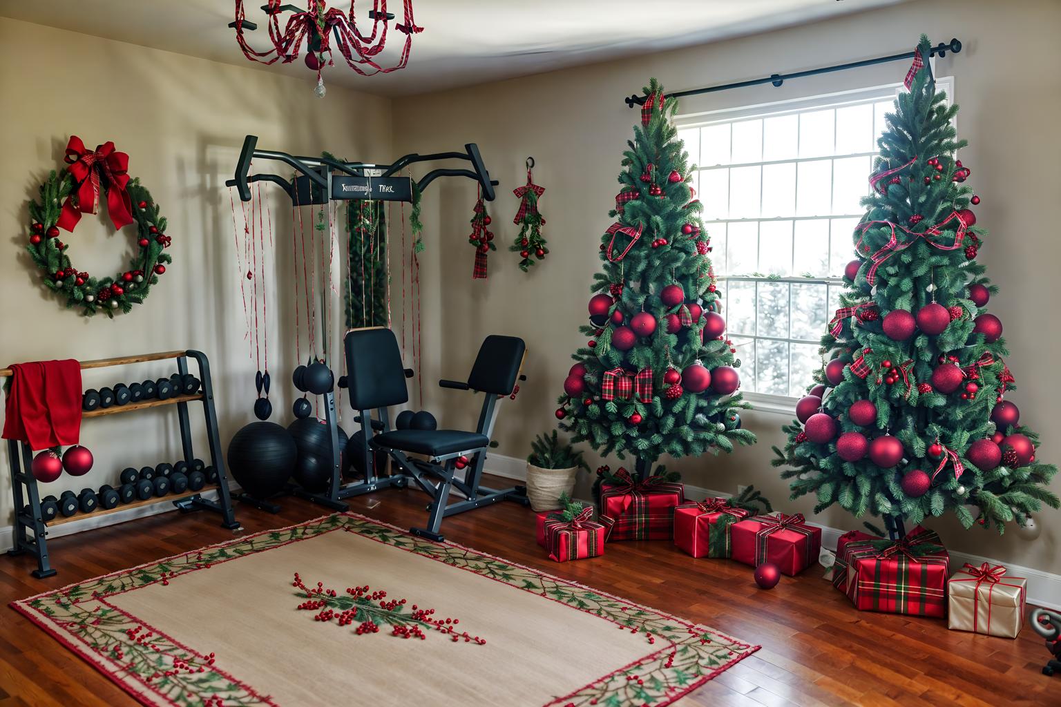 christmas-style (fitness gym interior) with crosstrainer and bench press and dumbbell stand and exercise bicycle and squat rack and crosstrainer. . with giftwrapped gifts and tie pinecones and berries and christmas ornaments and berries and greenery draped and snow outside and plaid rugs and ribbons and a few big socks hanging. . cinematic photo, highly detailed, cinematic lighting, ultra-detailed, ultrarealistic, photorealism, 8k. christmas interior design style. masterpiece, cinematic light, ultrarealistic+, photorealistic+, 8k, raw photo, realistic, sharp focus on eyes, (symmetrical eyes), (intact eyes), hyperrealistic, highest quality, best quality, , highly detailed, masterpiece, best quality, extremely detailed 8k wallpaper, masterpiece, best quality, ultra-detailed, best shadow, detailed background, detailed face, detailed eyes, high contrast, best illumination, detailed face, dulux, caustic, dynamic angle, detailed glow. dramatic lighting. highly detailed, insanely detailed hair, symmetrical, intricate details, professionally retouched, 8k high definition. strong bokeh. award winning photo.