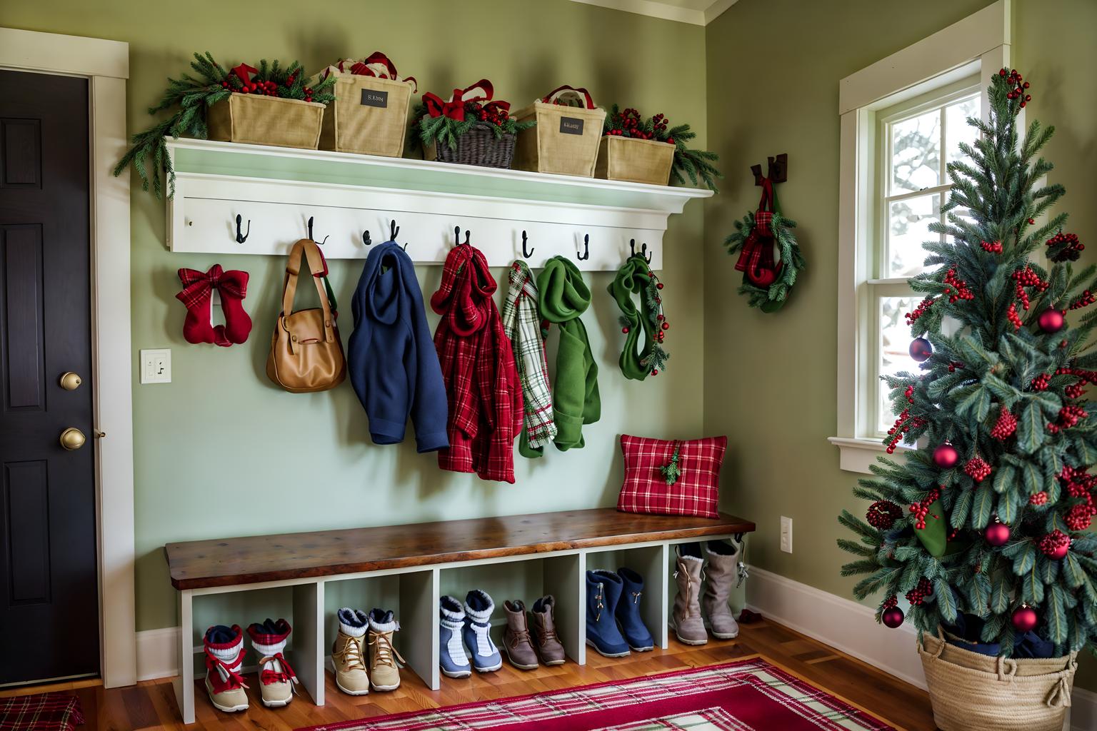 christmas-style (mudroom interior) with wall hooks for coats and cabinets and storage drawers and high up storage and shelves for shoes and cubbies and storage baskets and a bench. . with a few big socks hanging and plaid rugs and ribbons and berries and greenery draped and giftwrapped gifts and tie pinecones and berries and snow outside and christmas ornaments. . cinematic photo, highly detailed, cinematic lighting, ultra-detailed, ultrarealistic, photorealism, 8k. christmas interior design style. masterpiece, cinematic light, ultrarealistic+, photorealistic+, 8k, raw photo, realistic, sharp focus on eyes, (symmetrical eyes), (intact eyes), hyperrealistic, highest quality, best quality, , highly detailed, masterpiece, best quality, extremely detailed 8k wallpaper, masterpiece, best quality, ultra-detailed, best shadow, detailed background, detailed face, detailed eyes, high contrast, best illumination, detailed face, dulux, caustic, dynamic angle, detailed glow. dramatic lighting. highly detailed, insanely detailed hair, symmetrical, intricate details, professionally retouched, 8k high definition. strong bokeh. award winning photo.