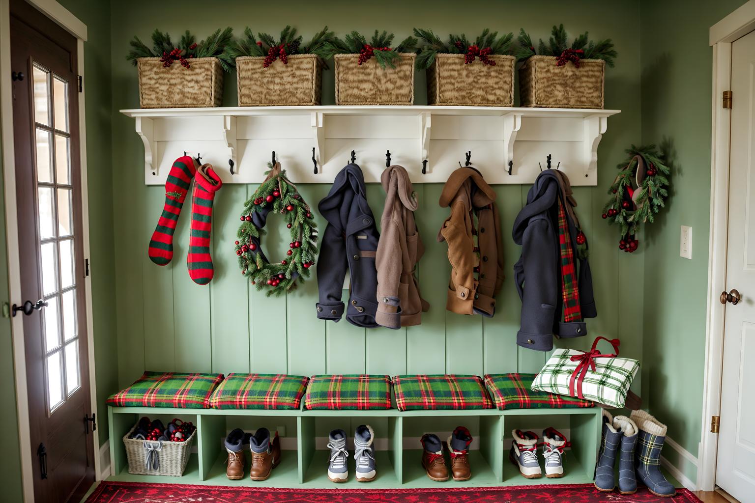 christmas-style (mudroom interior) with wall hooks for coats and cabinets and storage drawers and high up storage and shelves for shoes and cubbies and storage baskets and a bench. . with a few big socks hanging and plaid rugs and ribbons and berries and greenery draped and giftwrapped gifts and tie pinecones and berries and snow outside and christmas ornaments. . cinematic photo, highly detailed, cinematic lighting, ultra-detailed, ultrarealistic, photorealism, 8k. christmas interior design style. masterpiece, cinematic light, ultrarealistic+, photorealistic+, 8k, raw photo, realistic, sharp focus on eyes, (symmetrical eyes), (intact eyes), hyperrealistic, highest quality, best quality, , highly detailed, masterpiece, best quality, extremely detailed 8k wallpaper, masterpiece, best quality, ultra-detailed, best shadow, detailed background, detailed face, detailed eyes, high contrast, best illumination, detailed face, dulux, caustic, dynamic angle, detailed glow. dramatic lighting. highly detailed, insanely detailed hair, symmetrical, intricate details, professionally retouched, 8k high definition. strong bokeh. award winning photo.