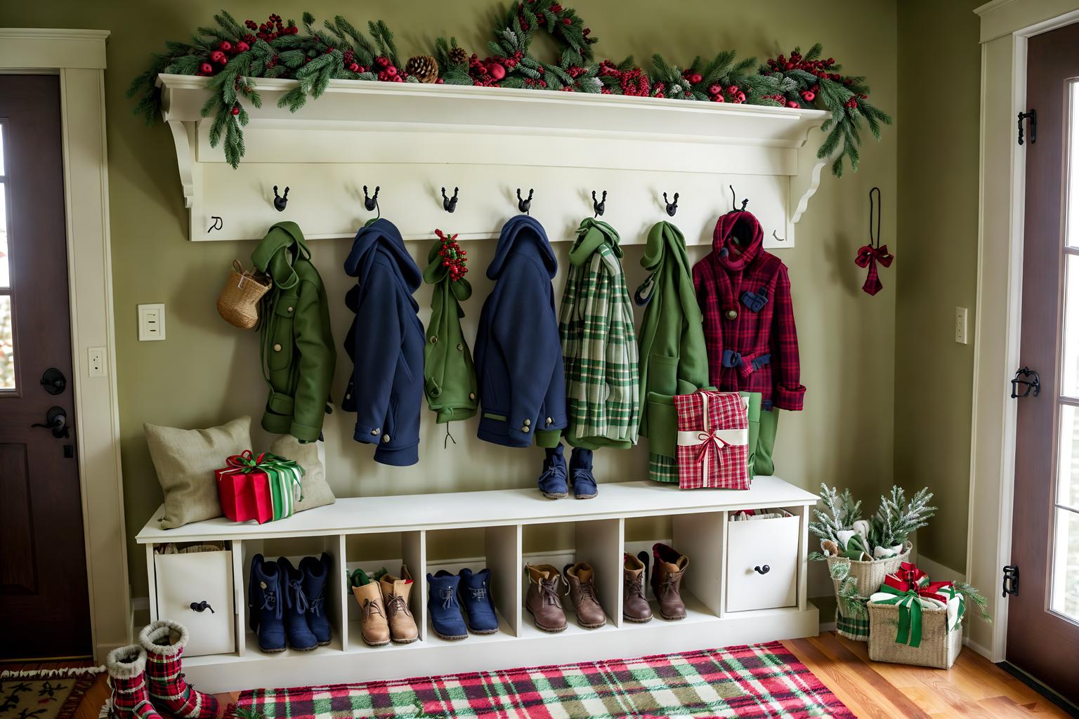 christmas-style (mudroom interior) with wall hooks for coats and cabinets and storage drawers and high up storage and shelves for shoes and cubbies and storage baskets and a bench. . with a few big socks hanging and plaid rugs and ribbons and berries and greenery draped and giftwrapped gifts and tie pinecones and berries and snow outside and christmas ornaments. . cinematic photo, highly detailed, cinematic lighting, ultra-detailed, ultrarealistic, photorealism, 8k. christmas interior design style. masterpiece, cinematic light, ultrarealistic+, photorealistic+, 8k, raw photo, realistic, sharp focus on eyes, (symmetrical eyes), (intact eyes), hyperrealistic, highest quality, best quality, , highly detailed, masterpiece, best quality, extremely detailed 8k wallpaper, masterpiece, best quality, ultra-detailed, best shadow, detailed background, detailed face, detailed eyes, high contrast, best illumination, detailed face, dulux, caustic, dynamic angle, detailed glow. dramatic lighting. highly detailed, insanely detailed hair, symmetrical, intricate details, professionally retouched, 8k high definition. strong bokeh. award winning photo.