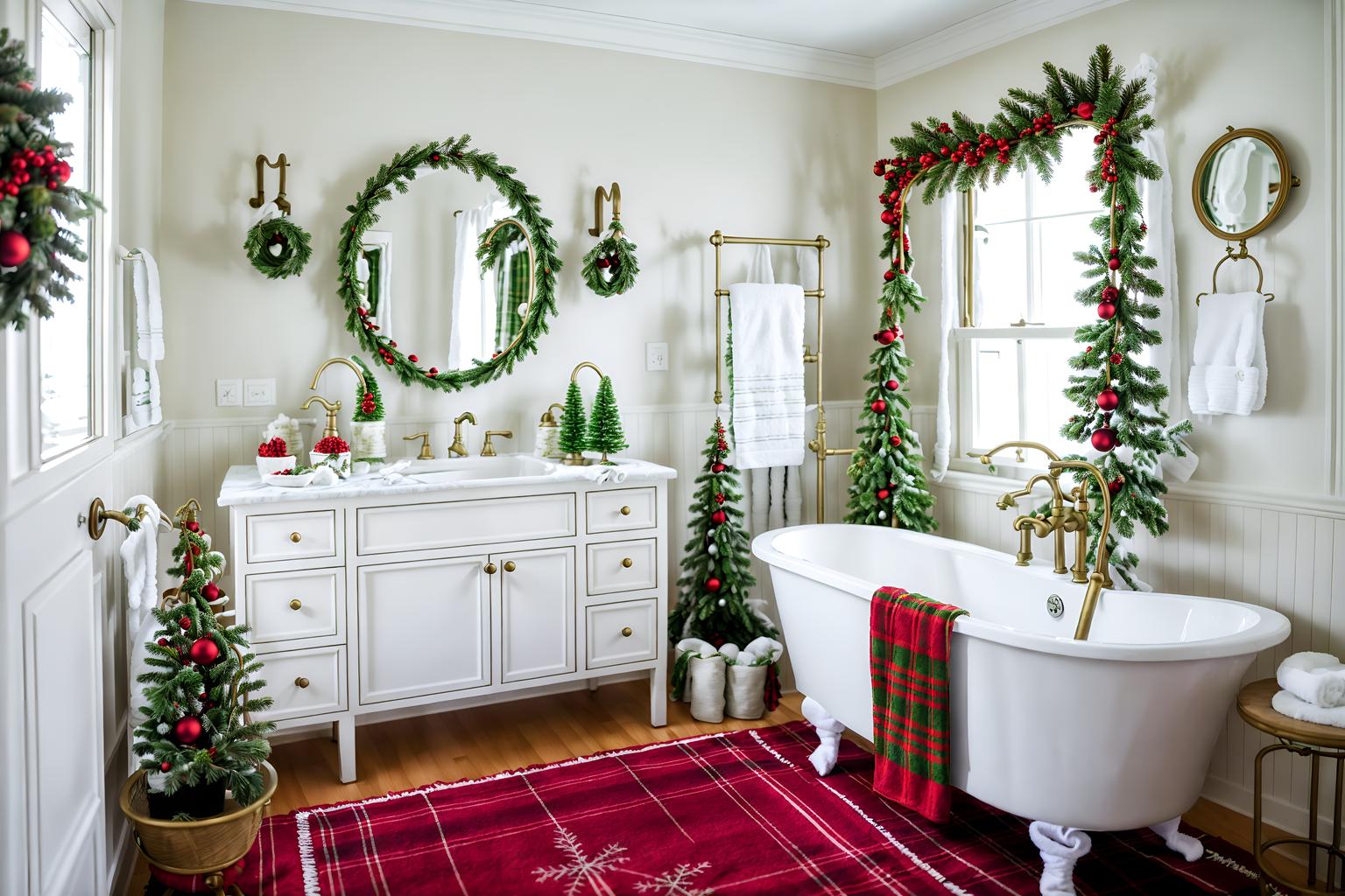 christmas-style (hotel bathroom interior) with bathroom cabinet and bathtub and plant and bathroom sink with faucet and shower and toilet seat and bath rail and mirror. . with christmas ornaments and a few big socks hanging and berries and greenery draped and giftwrapped gifts and plaid rugs and ribbons and snow outside and tie pinecones and berries. . cinematic photo, highly detailed, cinematic lighting, ultra-detailed, ultrarealistic, photorealism, 8k. christmas interior design style. masterpiece, cinematic light, ultrarealistic+, photorealistic+, 8k, raw photo, realistic, sharp focus on eyes, (symmetrical eyes), (intact eyes), hyperrealistic, highest quality, best quality, , highly detailed, masterpiece, best quality, extremely detailed 8k wallpaper, masterpiece, best quality, ultra-detailed, best shadow, detailed background, detailed face, detailed eyes, high contrast, best illumination, detailed face, dulux, caustic, dynamic angle, detailed glow. dramatic lighting. highly detailed, insanely detailed hair, symmetrical, intricate details, professionally retouched, 8k high definition. strong bokeh. award winning photo.