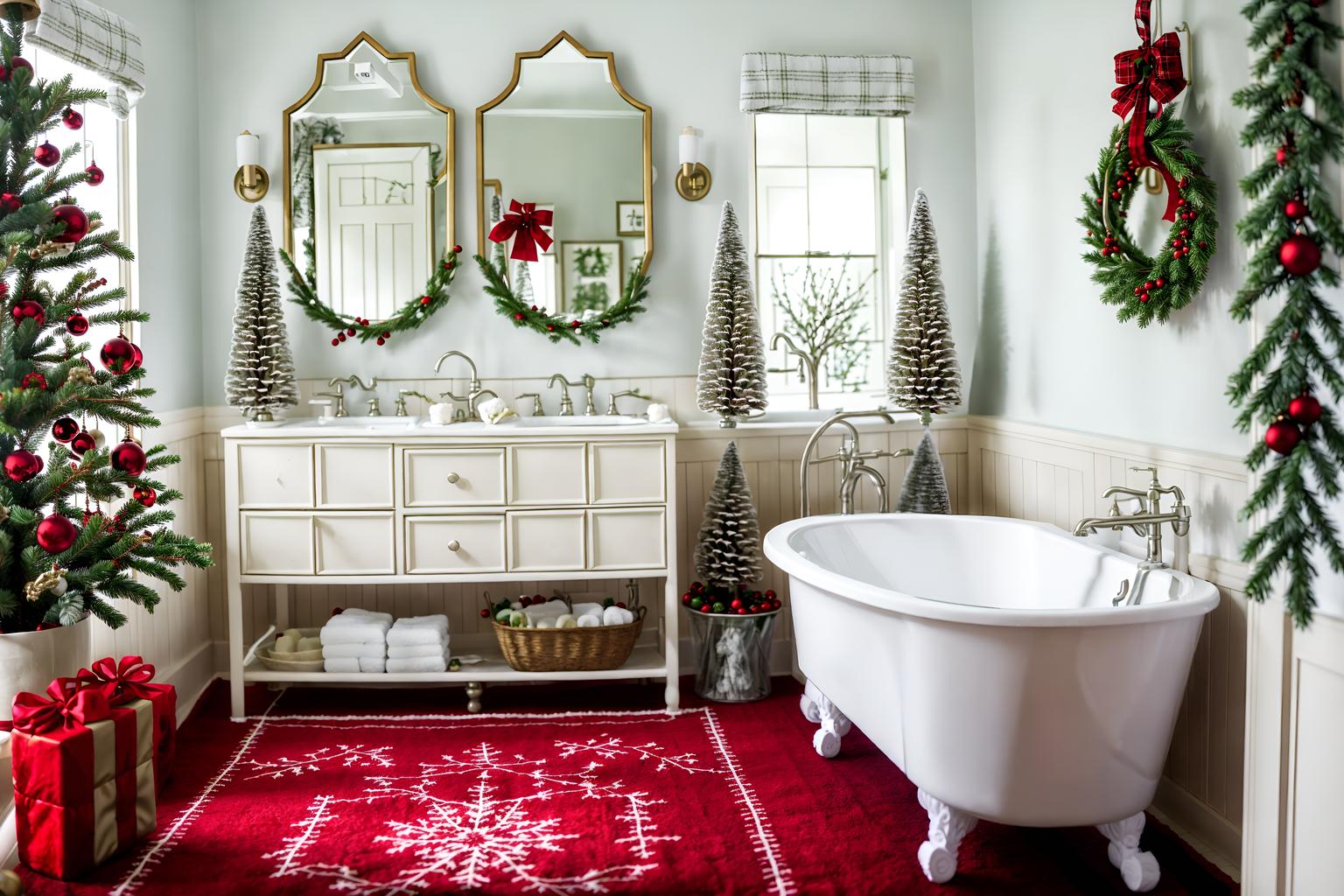 christmas-style (hotel bathroom interior) with bathroom cabinet and bathtub and plant and bathroom sink with faucet and shower and toilet seat and bath rail and mirror. . with christmas ornaments and a few big socks hanging and berries and greenery draped and giftwrapped gifts and plaid rugs and ribbons and snow outside and tie pinecones and berries. . cinematic photo, highly detailed, cinematic lighting, ultra-detailed, ultrarealistic, photorealism, 8k. christmas interior design style. masterpiece, cinematic light, ultrarealistic+, photorealistic+, 8k, raw photo, realistic, sharp focus on eyes, (symmetrical eyes), (intact eyes), hyperrealistic, highest quality, best quality, , highly detailed, masterpiece, best quality, extremely detailed 8k wallpaper, masterpiece, best quality, ultra-detailed, best shadow, detailed background, detailed face, detailed eyes, high contrast, best illumination, detailed face, dulux, caustic, dynamic angle, detailed glow. dramatic lighting. highly detailed, insanely detailed hair, symmetrical, intricate details, professionally retouched, 8k high definition. strong bokeh. award winning photo.