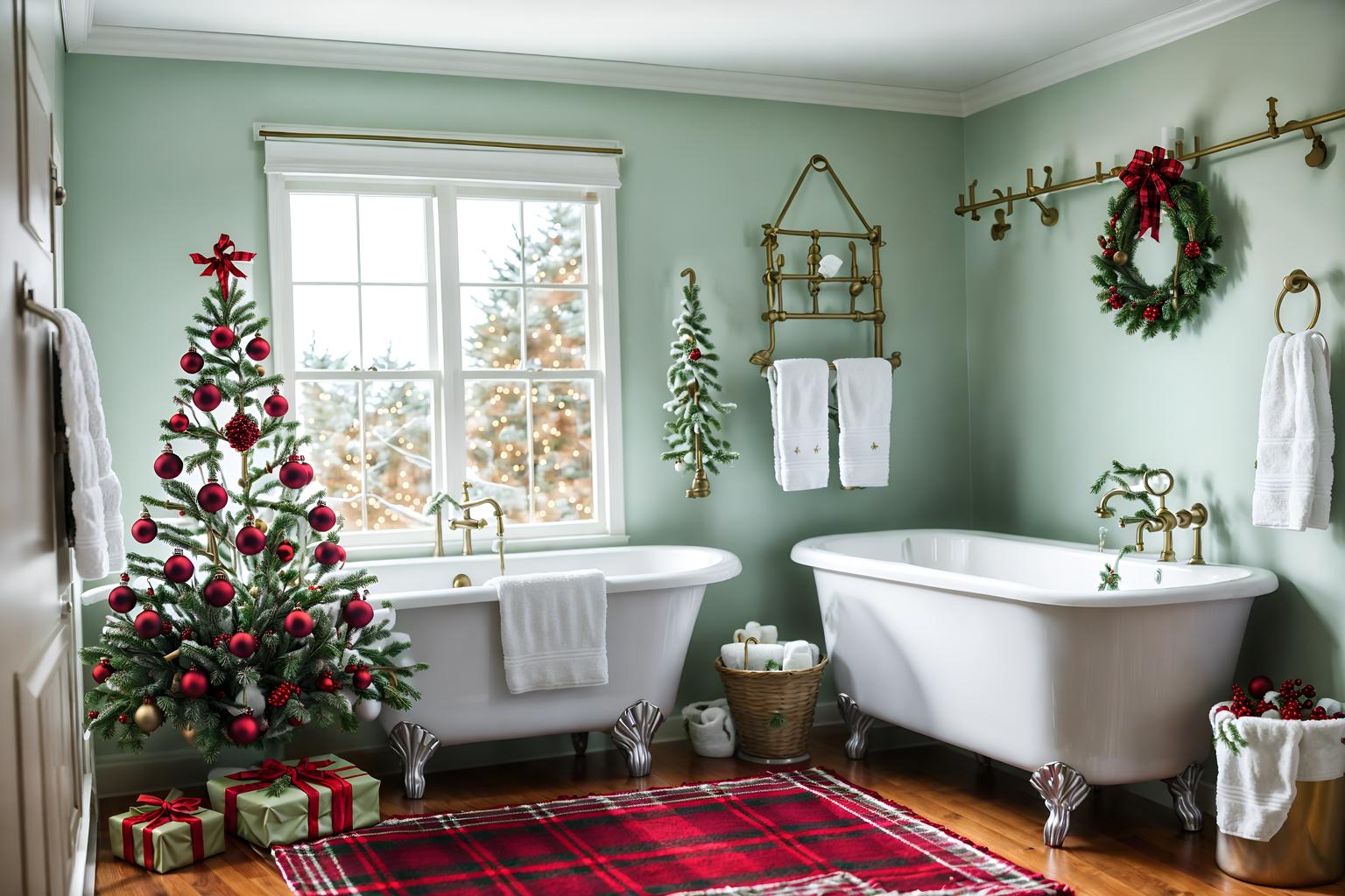 christmas-style (bathroom interior) with bathtub and bath towel and bathroom sink with faucet and plant and waste basket and mirror and shower and bath rail. . with christmas ornaments and ribbons and berries and greenery draped and plaid rugs and snow outside and giftwrapped gifts and a few big socks hanging and tie pinecones and berries. . cinematic photo, highly detailed, cinematic lighting, ultra-detailed, ultrarealistic, photorealism, 8k. christmas interior design style. masterpiece, cinematic light, ultrarealistic+, photorealistic+, 8k, raw photo, realistic, sharp focus on eyes, (symmetrical eyes), (intact eyes), hyperrealistic, highest quality, best quality, , highly detailed, masterpiece, best quality, extremely detailed 8k wallpaper, masterpiece, best quality, ultra-detailed, best shadow, detailed background, detailed face, detailed eyes, high contrast, best illumination, detailed face, dulux, caustic, dynamic angle, detailed glow. dramatic lighting. highly detailed, insanely detailed hair, symmetrical, intricate details, professionally retouched, 8k high definition. strong bokeh. award winning photo.