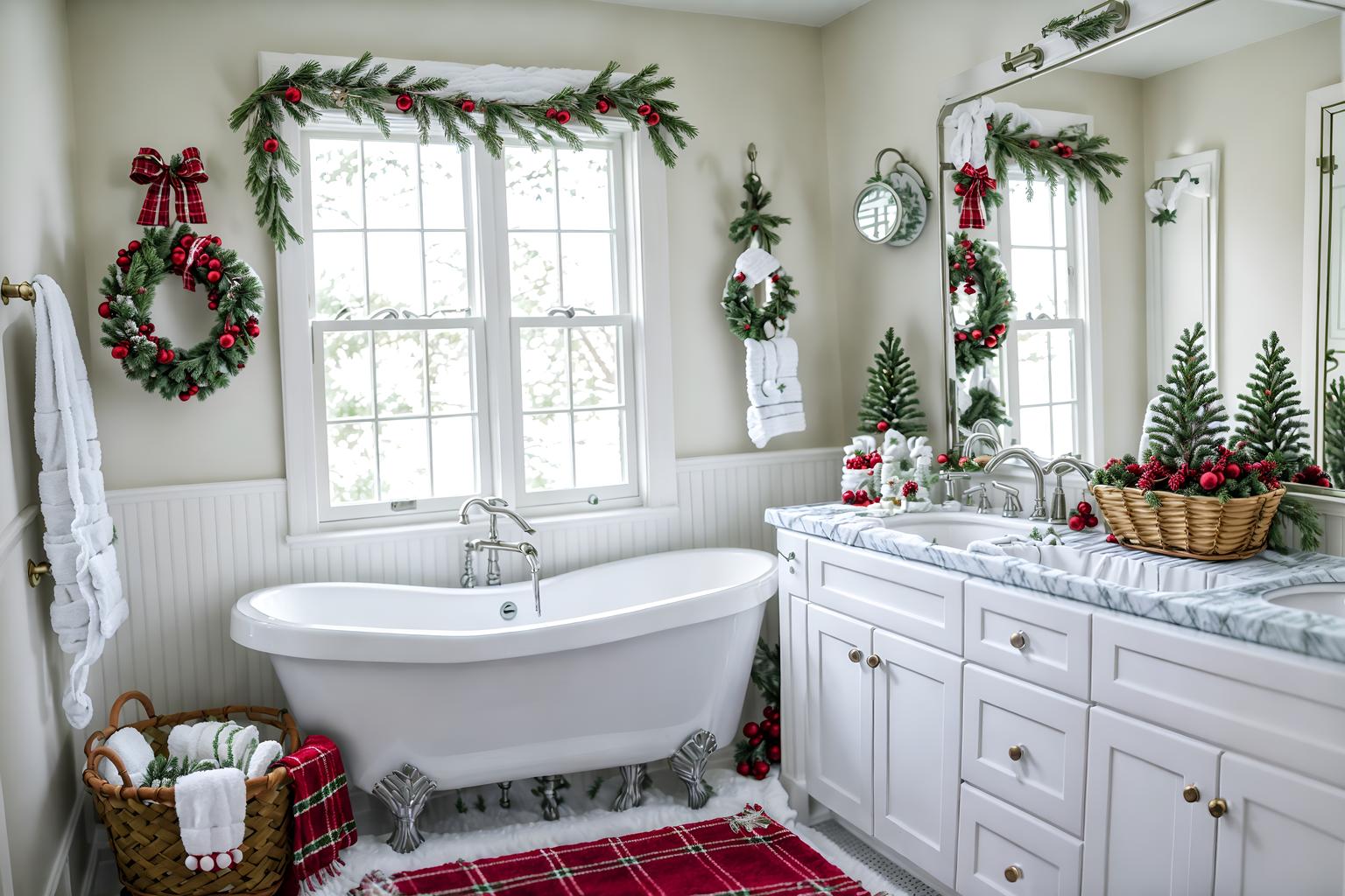 christmas-style (bathroom interior) with bathtub and bath towel and bathroom sink with faucet and plant and waste basket and mirror and shower and bath rail. . with christmas ornaments and ribbons and berries and greenery draped and plaid rugs and snow outside and giftwrapped gifts and a few big socks hanging and tie pinecones and berries. . cinematic photo, highly detailed, cinematic lighting, ultra-detailed, ultrarealistic, photorealism, 8k. christmas interior design style. masterpiece, cinematic light, ultrarealistic+, photorealistic+, 8k, raw photo, realistic, sharp focus on eyes, (symmetrical eyes), (intact eyes), hyperrealistic, highest quality, best quality, , highly detailed, masterpiece, best quality, extremely detailed 8k wallpaper, masterpiece, best quality, ultra-detailed, best shadow, detailed background, detailed face, detailed eyes, high contrast, best illumination, detailed face, dulux, caustic, dynamic angle, detailed glow. dramatic lighting. highly detailed, insanely detailed hair, symmetrical, intricate details, professionally retouched, 8k high definition. strong bokeh. award winning photo.