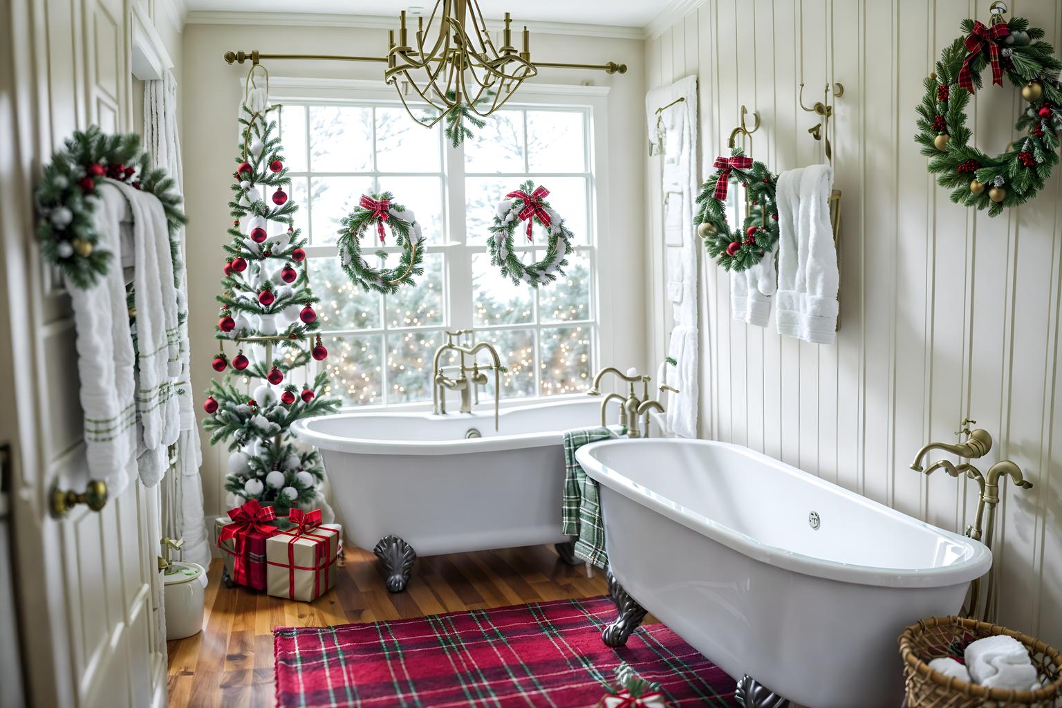 christmas-style (bathroom interior) with bathtub and bath towel and bathroom sink with faucet and plant and waste basket and mirror and shower and bath rail. . with christmas ornaments and ribbons and berries and greenery draped and plaid rugs and snow outside and giftwrapped gifts and a few big socks hanging and tie pinecones and berries. . cinematic photo, highly detailed, cinematic lighting, ultra-detailed, ultrarealistic, photorealism, 8k. christmas interior design style. masterpiece, cinematic light, ultrarealistic+, photorealistic+, 8k, raw photo, realistic, sharp focus on eyes, (symmetrical eyes), (intact eyes), hyperrealistic, highest quality, best quality, , highly detailed, masterpiece, best quality, extremely detailed 8k wallpaper, masterpiece, best quality, ultra-detailed, best shadow, detailed background, detailed face, detailed eyes, high contrast, best illumination, detailed face, dulux, caustic, dynamic angle, detailed glow. dramatic lighting. highly detailed, insanely detailed hair, symmetrical, intricate details, professionally retouched, 8k high definition. strong bokeh. award winning photo.