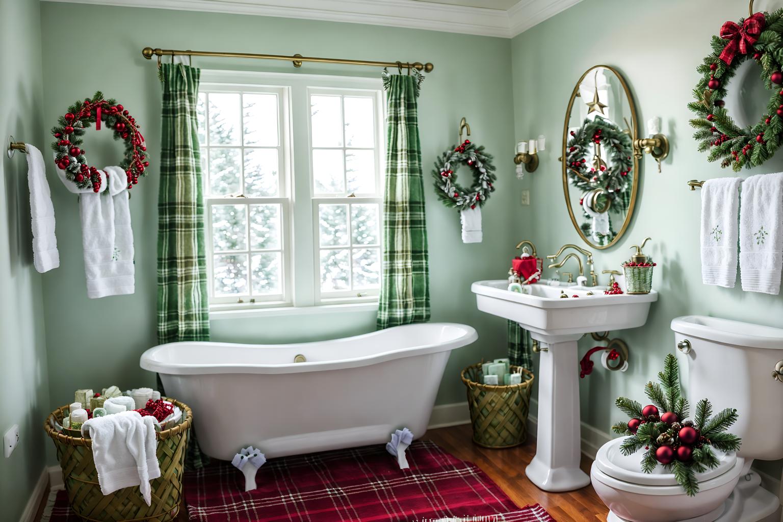 christmas-style (bathroom interior) with bathtub and bath towel and bathroom sink with faucet and plant and waste basket and mirror and shower and bath rail. . with christmas ornaments and ribbons and berries and greenery draped and plaid rugs and snow outside and giftwrapped gifts and a few big socks hanging and tie pinecones and berries. . cinematic photo, highly detailed, cinematic lighting, ultra-detailed, ultrarealistic, photorealism, 8k. christmas interior design style. masterpiece, cinematic light, ultrarealistic+, photorealistic+, 8k, raw photo, realistic, sharp focus on eyes, (symmetrical eyes), (intact eyes), hyperrealistic, highest quality, best quality, , highly detailed, masterpiece, best quality, extremely detailed 8k wallpaper, masterpiece, best quality, ultra-detailed, best shadow, detailed background, detailed face, detailed eyes, high contrast, best illumination, detailed face, dulux, caustic, dynamic angle, detailed glow. dramatic lighting. highly detailed, insanely detailed hair, symmetrical, intricate details, professionally retouched, 8k high definition. strong bokeh. award winning photo.