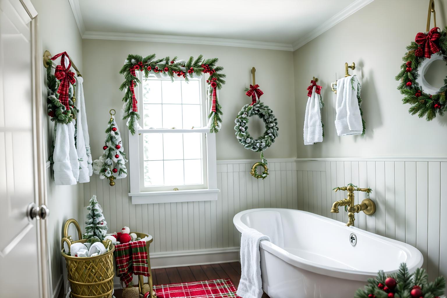 christmas-style (bathroom interior) with bathtub and bath towel and bathroom sink with faucet and plant and waste basket and mirror and shower and bath rail. . with christmas ornaments and ribbons and berries and greenery draped and plaid rugs and snow outside and giftwrapped gifts and a few big socks hanging and tie pinecones and berries. . cinematic photo, highly detailed, cinematic lighting, ultra-detailed, ultrarealistic, photorealism, 8k. christmas interior design style. masterpiece, cinematic light, ultrarealistic+, photorealistic+, 8k, raw photo, realistic, sharp focus on eyes, (symmetrical eyes), (intact eyes), hyperrealistic, highest quality, best quality, , highly detailed, masterpiece, best quality, extremely detailed 8k wallpaper, masterpiece, best quality, ultra-detailed, best shadow, detailed background, detailed face, detailed eyes, high contrast, best illumination, detailed face, dulux, caustic, dynamic angle, detailed glow. dramatic lighting. highly detailed, insanely detailed hair, symmetrical, intricate details, professionally retouched, 8k high definition. strong bokeh. award winning photo.