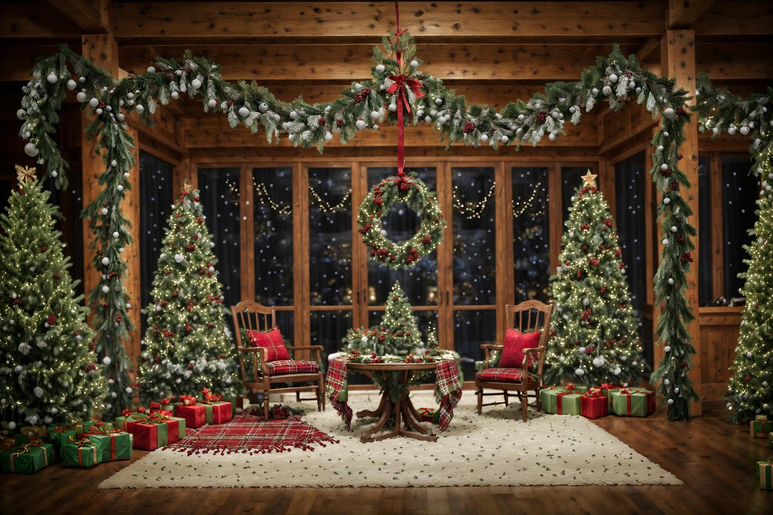 christmas-style (exhibition space interior) . with berries and greenery draped and a few big socks hanging and snow outside and ribbons and plaid rugs and tie pinecones and berries and christmas ornaments and giftwrapped gifts. . cinematic photo, highly detailed, cinematic lighting, ultra-detailed, ultrarealistic, photorealism, 8k. christmas interior design style. masterpiece, cinematic light, ultrarealistic+, photorealistic+, 8k, raw photo, realistic, sharp focus on eyes, (symmetrical eyes), (intact eyes), hyperrealistic, highest quality, best quality, , highly detailed, masterpiece, best quality, extremely detailed 8k wallpaper, masterpiece, best quality, ultra-detailed, best shadow, detailed background, detailed face, detailed eyes, high contrast, best illumination, detailed face, dulux, caustic, dynamic angle, detailed glow. dramatic lighting. highly detailed, insanely detailed hair, symmetrical, intricate details, professionally retouched, 8k high definition. strong bokeh. award winning photo.