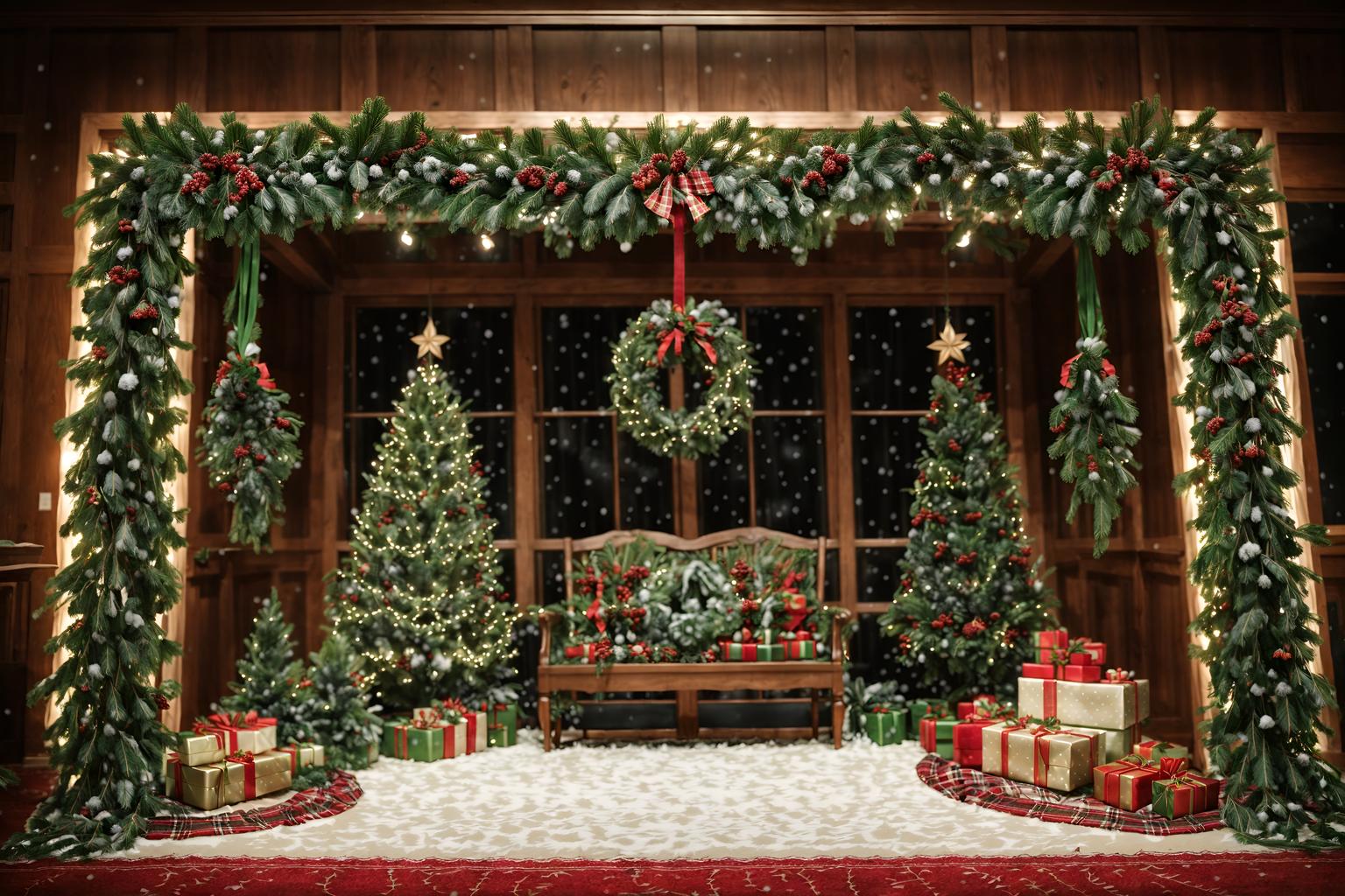 christmas-style (exhibition space interior) . with berries and greenery draped and a few big socks hanging and snow outside and ribbons and plaid rugs and tie pinecones and berries and christmas ornaments and giftwrapped gifts. . cinematic photo, highly detailed, cinematic lighting, ultra-detailed, ultrarealistic, photorealism, 8k. christmas interior design style. masterpiece, cinematic light, ultrarealistic+, photorealistic+, 8k, raw photo, realistic, sharp focus on eyes, (symmetrical eyes), (intact eyes), hyperrealistic, highest quality, best quality, , highly detailed, masterpiece, best quality, extremely detailed 8k wallpaper, masterpiece, best quality, ultra-detailed, best shadow, detailed background, detailed face, detailed eyes, high contrast, best illumination, detailed face, dulux, caustic, dynamic angle, detailed glow. dramatic lighting. highly detailed, insanely detailed hair, symmetrical, intricate details, professionally retouched, 8k high definition. strong bokeh. award winning photo.