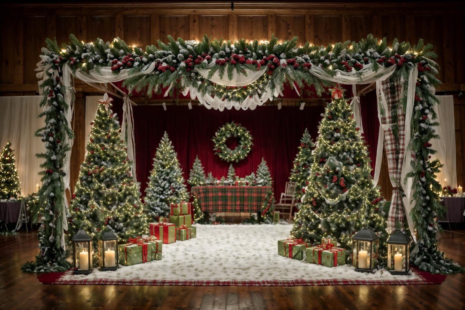 christmas-style (exhibition space interior) . with berries and greenery draped and a few big socks hanging and snow outside and ribbons and plaid rugs and tie pinecones and berries and christmas ornaments and giftwrapped gifts. . cinematic photo, highly detailed, cinematic lighting, ultra-detailed, ultrarealistic, photorealism, 8k. christmas interior design style. masterpiece, cinematic light, ultrarealistic+, photorealistic+, 8k, raw photo, realistic, sharp focus on eyes, (symmetrical eyes), (intact eyes), hyperrealistic, highest quality, best quality, , highly detailed, masterpiece, best quality, extremely detailed 8k wallpaper, masterpiece, best quality, ultra-detailed, best shadow, detailed background, detailed face, detailed eyes, high contrast, best illumination, detailed face, dulux, caustic, dynamic angle, detailed glow. dramatic lighting. highly detailed, insanely detailed hair, symmetrical, intricate details, professionally retouched, 8k high definition. strong bokeh. award winning photo.