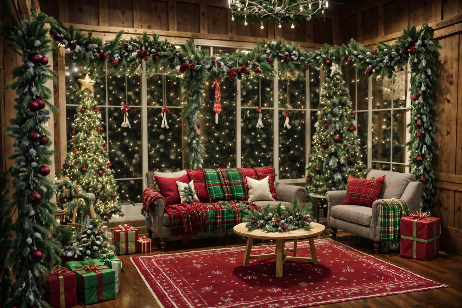 christmas-style (exhibition space interior) . with berries and greenery draped and a few big socks hanging and snow outside and ribbons and plaid rugs and tie pinecones and berries and christmas ornaments and giftwrapped gifts. . cinematic photo, highly detailed, cinematic lighting, ultra-detailed, ultrarealistic, photorealism, 8k. christmas interior design style. masterpiece, cinematic light, ultrarealistic+, photorealistic+, 8k, raw photo, realistic, sharp focus on eyes, (symmetrical eyes), (intact eyes), hyperrealistic, highest quality, best quality, , highly detailed, masterpiece, best quality, extremely detailed 8k wallpaper, masterpiece, best quality, ultra-detailed, best shadow, detailed background, detailed face, detailed eyes, high contrast, best illumination, detailed face, dulux, caustic, dynamic angle, detailed glow. dramatic lighting. highly detailed, insanely detailed hair, symmetrical, intricate details, professionally retouched, 8k high definition. strong bokeh. award winning photo.