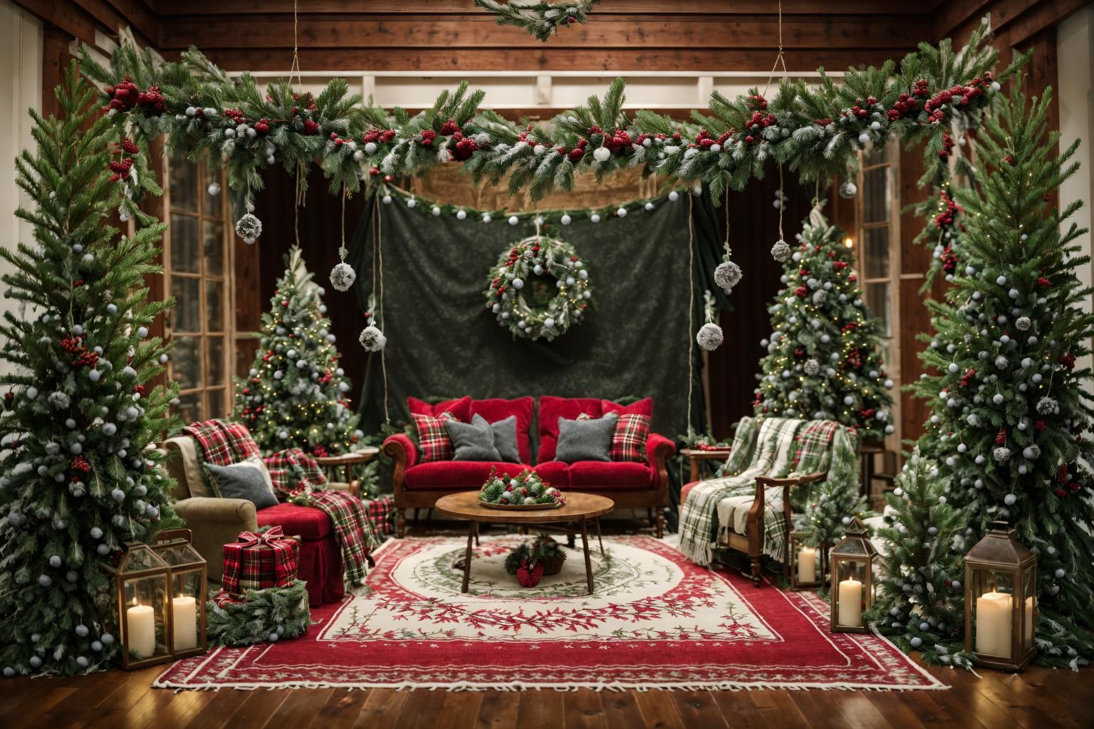 christmas-style (exhibition space interior) . with berries and greenery draped and a few big socks hanging and snow outside and ribbons and plaid rugs and tie pinecones and berries and christmas ornaments and giftwrapped gifts. . cinematic photo, highly detailed, cinematic lighting, ultra-detailed, ultrarealistic, photorealism, 8k. christmas interior design style. masterpiece, cinematic light, ultrarealistic+, photorealistic+, 8k, raw photo, realistic, sharp focus on eyes, (symmetrical eyes), (intact eyes), hyperrealistic, highest quality, best quality, , highly detailed, masterpiece, best quality, extremely detailed 8k wallpaper, masterpiece, best quality, ultra-detailed, best shadow, detailed background, detailed face, detailed eyes, high contrast, best illumination, detailed face, dulux, caustic, dynamic angle, detailed glow. dramatic lighting. highly detailed, insanely detailed hair, symmetrical, intricate details, professionally retouched, 8k high definition. strong bokeh. award winning photo.