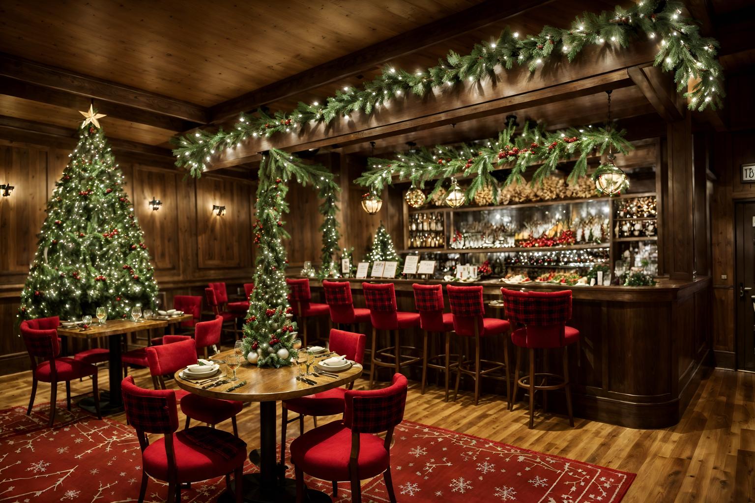 christmas-style (restaurant interior) with restaurant bar and restaurant decor and restaurant dining tables and restaurant chairs and restaurant bar. . with christmas ornaments and giftwrapped gifts and snow outside and plaid rugs and a few big socks hanging and berries and greenery draped and tie pinecones and berries and ribbons. . cinematic photo, highly detailed, cinematic lighting, ultra-detailed, ultrarealistic, photorealism, 8k. christmas interior design style. masterpiece, cinematic light, ultrarealistic+, photorealistic+, 8k, raw photo, realistic, sharp focus on eyes, (symmetrical eyes), (intact eyes), hyperrealistic, highest quality, best quality, , highly detailed, masterpiece, best quality, extremely detailed 8k wallpaper, masterpiece, best quality, ultra-detailed, best shadow, detailed background, detailed face, detailed eyes, high contrast, best illumination, detailed face, dulux, caustic, dynamic angle, detailed glow. dramatic lighting. highly detailed, insanely detailed hair, symmetrical, intricate details, professionally retouched, 8k high definition. strong bokeh. award winning photo.