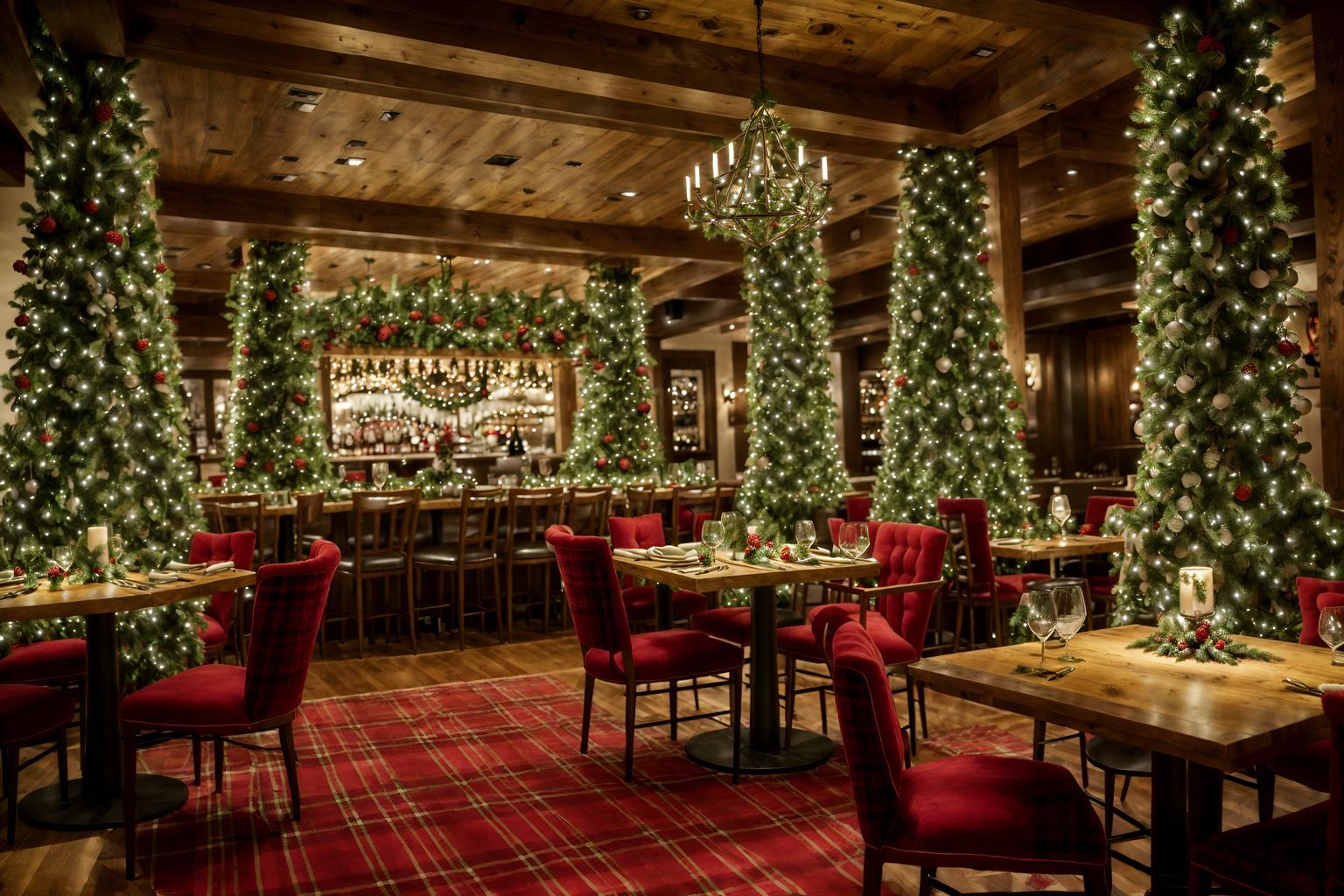 christmas-style (restaurant interior) with restaurant bar and restaurant decor and restaurant dining tables and restaurant chairs and restaurant bar. . with christmas ornaments and giftwrapped gifts and snow outside and plaid rugs and a few big socks hanging and berries and greenery draped and tie pinecones and berries and ribbons. . cinematic photo, highly detailed, cinematic lighting, ultra-detailed, ultrarealistic, photorealism, 8k. christmas interior design style. masterpiece, cinematic light, ultrarealistic+, photorealistic+, 8k, raw photo, realistic, sharp focus on eyes, (symmetrical eyes), (intact eyes), hyperrealistic, highest quality, best quality, , highly detailed, masterpiece, best quality, extremely detailed 8k wallpaper, masterpiece, best quality, ultra-detailed, best shadow, detailed background, detailed face, detailed eyes, high contrast, best illumination, detailed face, dulux, caustic, dynamic angle, detailed glow. dramatic lighting. highly detailed, insanely detailed hair, symmetrical, intricate details, professionally retouched, 8k high definition. strong bokeh. award winning photo.