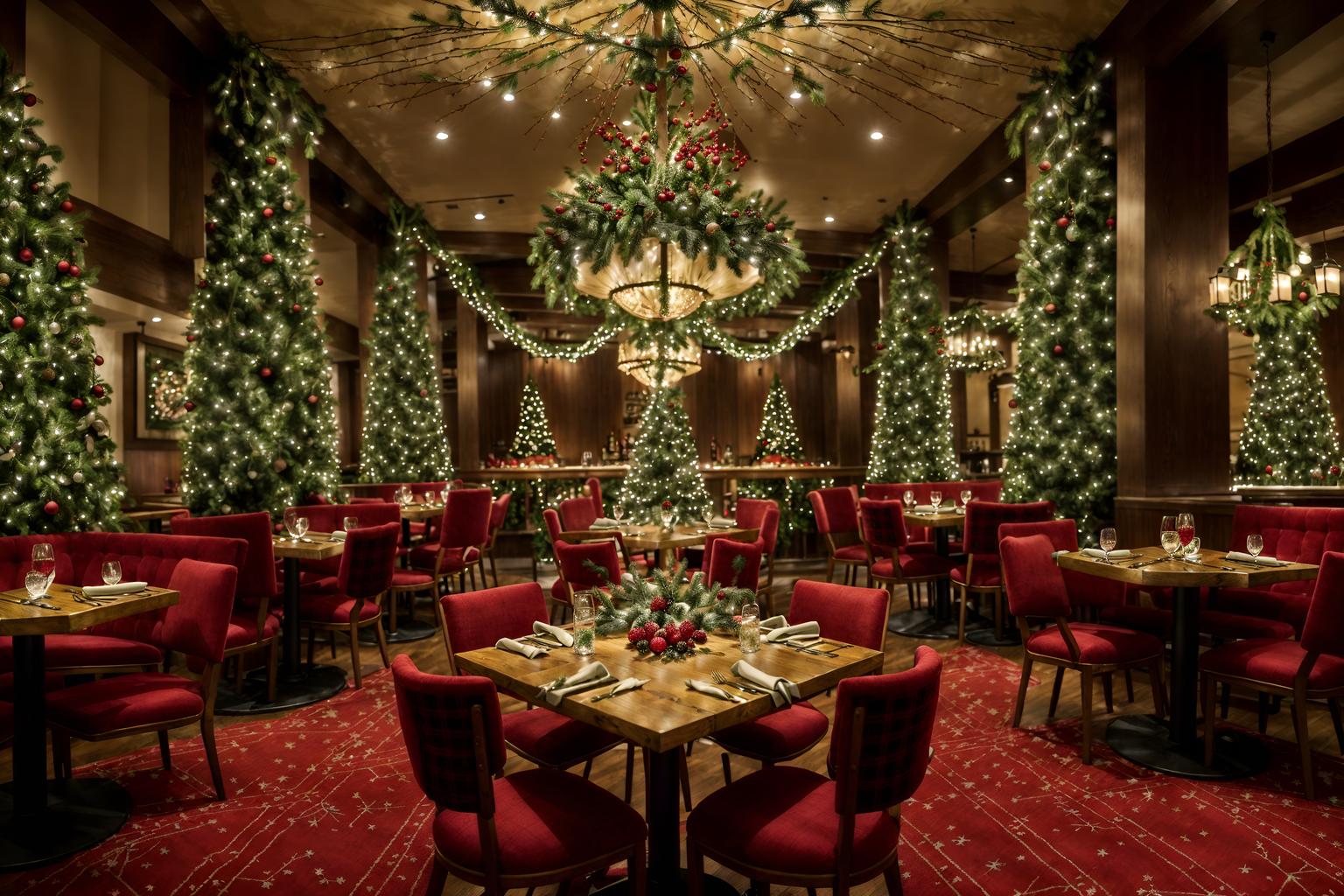 christmas-style (restaurant interior) with restaurant bar and restaurant decor and restaurant dining tables and restaurant chairs and restaurant bar. . with christmas ornaments and giftwrapped gifts and snow outside and plaid rugs and a few big socks hanging and berries and greenery draped and tie pinecones and berries and ribbons. . cinematic photo, highly detailed, cinematic lighting, ultra-detailed, ultrarealistic, photorealism, 8k. christmas interior design style. masterpiece, cinematic light, ultrarealistic+, photorealistic+, 8k, raw photo, realistic, sharp focus on eyes, (symmetrical eyes), (intact eyes), hyperrealistic, highest quality, best quality, , highly detailed, masterpiece, best quality, extremely detailed 8k wallpaper, masterpiece, best quality, ultra-detailed, best shadow, detailed background, detailed face, detailed eyes, high contrast, best illumination, detailed face, dulux, caustic, dynamic angle, detailed glow. dramatic lighting. highly detailed, insanely detailed hair, symmetrical, intricate details, professionally retouched, 8k high definition. strong bokeh. award winning photo.