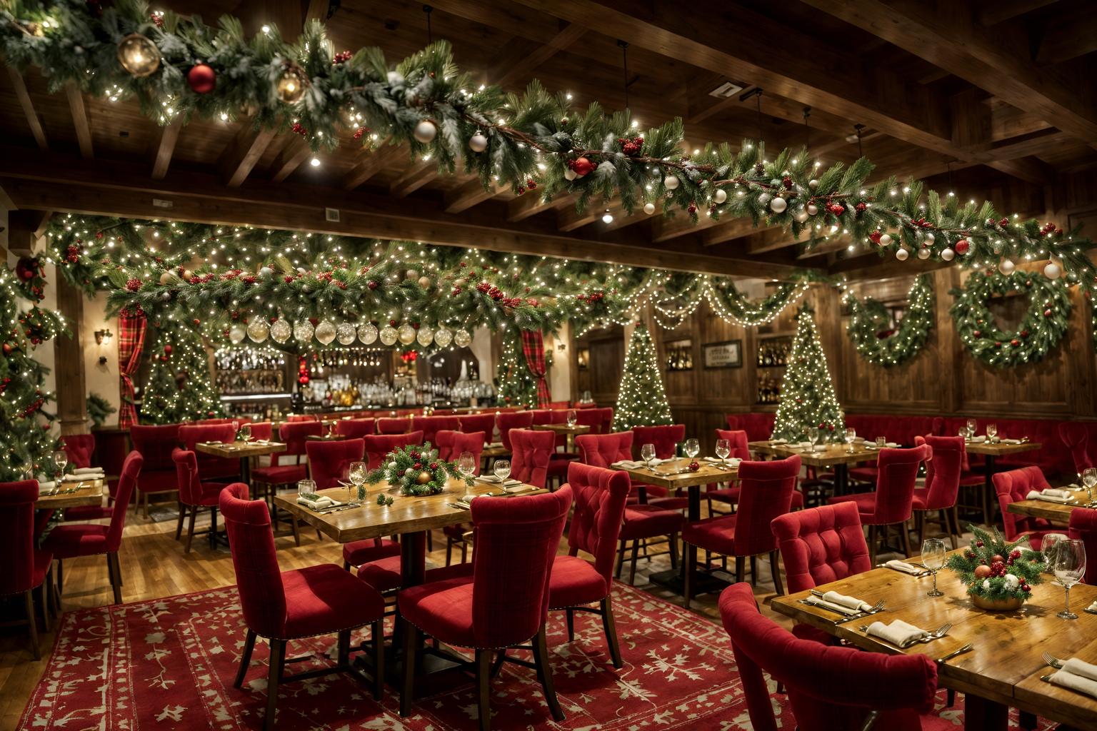 christmas-style (restaurant interior) with restaurant bar and restaurant decor and restaurant dining tables and restaurant chairs and restaurant bar. . with christmas ornaments and giftwrapped gifts and snow outside and plaid rugs and a few big socks hanging and berries and greenery draped and tie pinecones and berries and ribbons. . cinematic photo, highly detailed, cinematic lighting, ultra-detailed, ultrarealistic, photorealism, 8k. christmas interior design style. masterpiece, cinematic light, ultrarealistic+, photorealistic+, 8k, raw photo, realistic, sharp focus on eyes, (symmetrical eyes), (intact eyes), hyperrealistic, highest quality, best quality, , highly detailed, masterpiece, best quality, extremely detailed 8k wallpaper, masterpiece, best quality, ultra-detailed, best shadow, detailed background, detailed face, detailed eyes, high contrast, best illumination, detailed face, dulux, caustic, dynamic angle, detailed glow. dramatic lighting. highly detailed, insanely detailed hair, symmetrical, intricate details, professionally retouched, 8k high definition. strong bokeh. award winning photo.