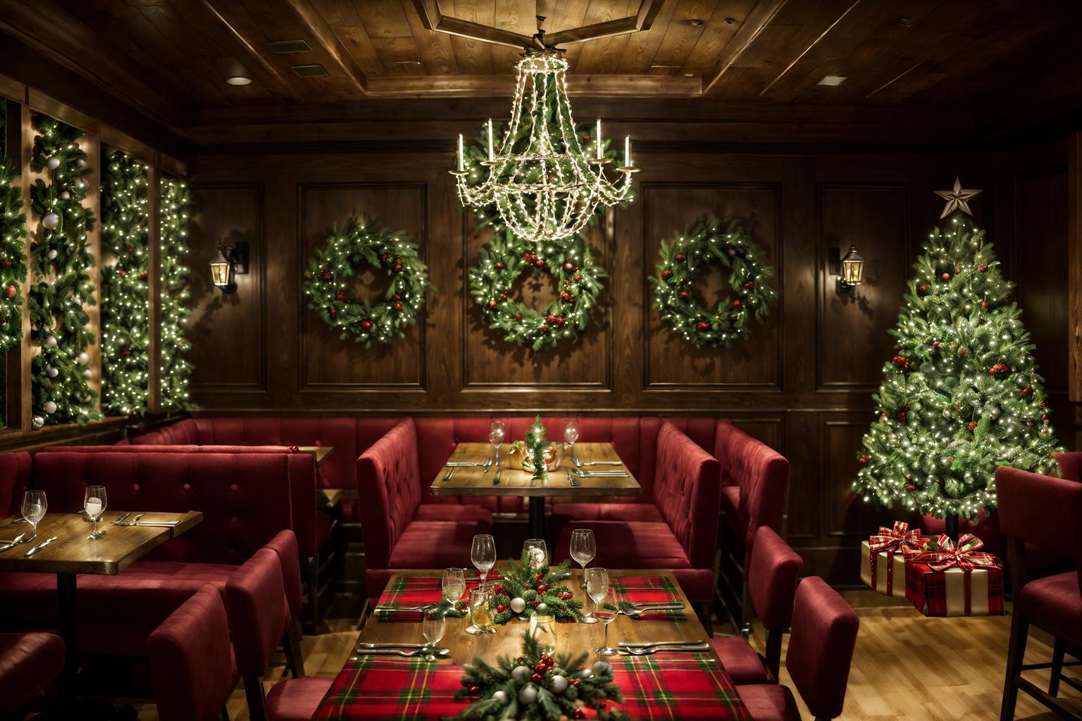 christmas-style (restaurant interior) with restaurant bar and restaurant decor and restaurant dining tables and restaurant chairs and restaurant bar. . with christmas ornaments and giftwrapped gifts and snow outside and plaid rugs and a few big socks hanging and berries and greenery draped and tie pinecones and berries and ribbons. . cinematic photo, highly detailed, cinematic lighting, ultra-detailed, ultrarealistic, photorealism, 8k. christmas interior design style. masterpiece, cinematic light, ultrarealistic+, photorealistic+, 8k, raw photo, realistic, sharp focus on eyes, (symmetrical eyes), (intact eyes), hyperrealistic, highest quality, best quality, , highly detailed, masterpiece, best quality, extremely detailed 8k wallpaper, masterpiece, best quality, ultra-detailed, best shadow, detailed background, detailed face, detailed eyes, high contrast, best illumination, detailed face, dulux, caustic, dynamic angle, detailed glow. dramatic lighting. highly detailed, insanely detailed hair, symmetrical, intricate details, professionally retouched, 8k high definition. strong bokeh. award winning photo.