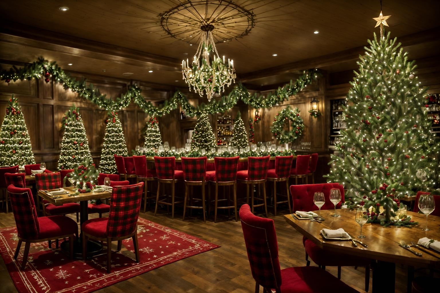 christmas-style (restaurant interior) with restaurant bar and restaurant decor and restaurant dining tables and restaurant chairs and restaurant bar. . with christmas ornaments and giftwrapped gifts and snow outside and plaid rugs and a few big socks hanging and berries and greenery draped and tie pinecones and berries and ribbons. . cinematic photo, highly detailed, cinematic lighting, ultra-detailed, ultrarealistic, photorealism, 8k. christmas interior design style. masterpiece, cinematic light, ultrarealistic+, photorealistic+, 8k, raw photo, realistic, sharp focus on eyes, (symmetrical eyes), (intact eyes), hyperrealistic, highest quality, best quality, , highly detailed, masterpiece, best quality, extremely detailed 8k wallpaper, masterpiece, best quality, ultra-detailed, best shadow, detailed background, detailed face, detailed eyes, high contrast, best illumination, detailed face, dulux, caustic, dynamic angle, detailed glow. dramatic lighting. highly detailed, insanely detailed hair, symmetrical, intricate details, professionally retouched, 8k high definition. strong bokeh. award winning photo.