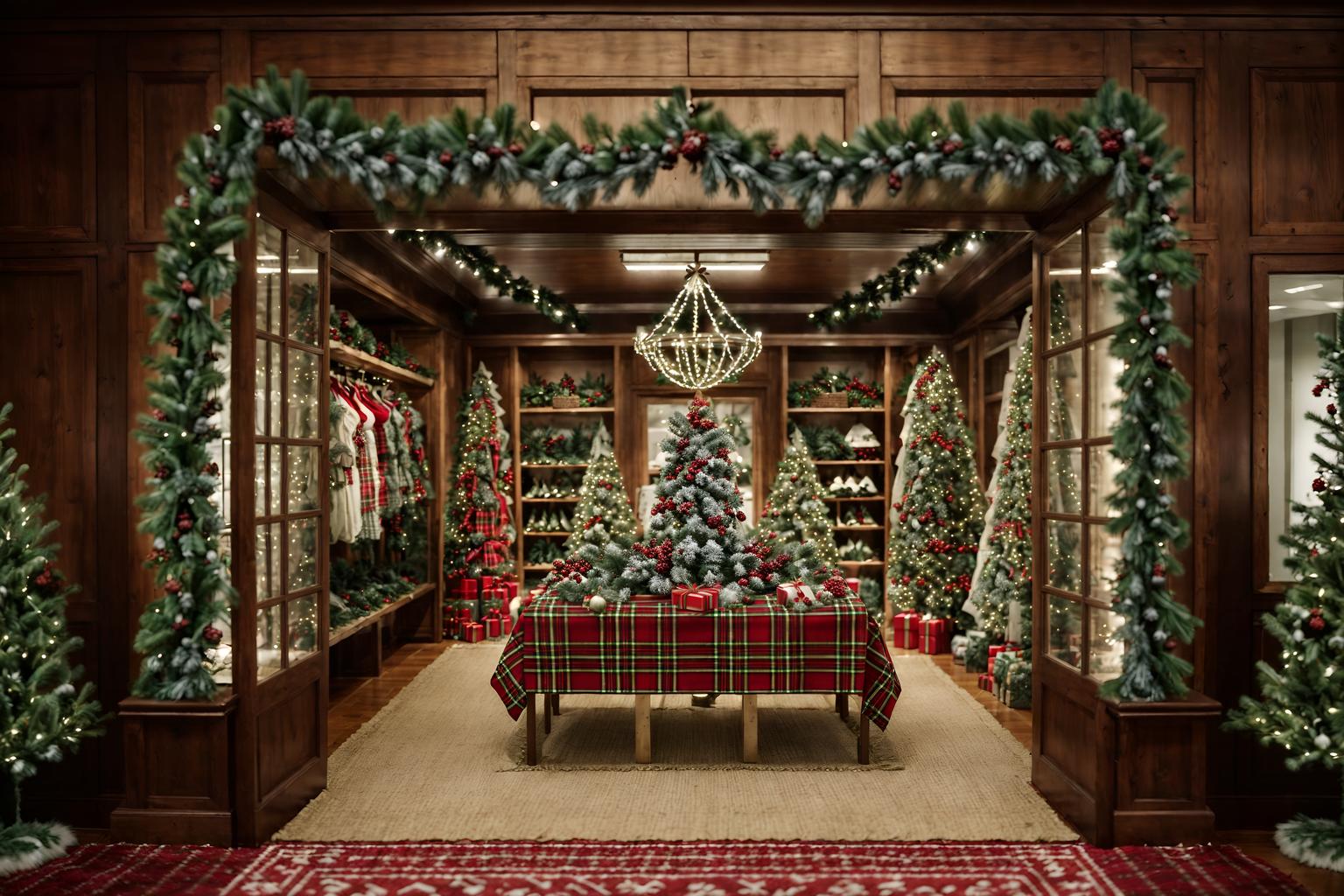 christmas-style (clothing store interior) . with giftwrapped gifts and christmas ornaments and plaid rugs and tie pinecones and berries and ribbons and berries and greenery draped and snow outside and a few big socks hanging. . cinematic photo, highly detailed, cinematic lighting, ultra-detailed, ultrarealistic, photorealism, 8k. christmas interior design style. masterpiece, cinematic light, ultrarealistic+, photorealistic+, 8k, raw photo, realistic, sharp focus on eyes, (symmetrical eyes), (intact eyes), hyperrealistic, highest quality, best quality, , highly detailed, masterpiece, best quality, extremely detailed 8k wallpaper, masterpiece, best quality, ultra-detailed, best shadow, detailed background, detailed face, detailed eyes, high contrast, best illumination, detailed face, dulux, caustic, dynamic angle, detailed glow. dramatic lighting. highly detailed, insanely detailed hair, symmetrical, intricate details, professionally retouched, 8k high definition. strong bokeh. award winning photo.