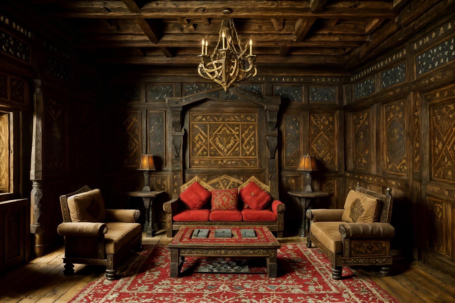 medieval-style (gaming room interior) . with castle interior and heavy furniture pieces and castle interior and stone walls and upholstery on chairs and sofas and deep colors like red, gold, or blue and intricate wooden inlay designs and carvings and timber walls. . cinematic photo, highly detailed, cinematic lighting, ultra-detailed, ultrarealistic, photorealism, 8k. medieval interior design style. masterpiece, cinematic light, ultrarealistic+, photorealistic+, 8k, raw photo, realistic, sharp focus on eyes, (symmetrical eyes), (intact eyes), hyperrealistic, highest quality, best quality, , highly detailed, masterpiece, best quality, extremely detailed 8k wallpaper, masterpiece, best quality, ultra-detailed, best shadow, detailed background, detailed face, detailed eyes, high contrast, best illumination, detailed face, dulux, caustic, dynamic angle, detailed glow. dramatic lighting. highly detailed, insanely detailed hair, symmetrical, intricate details, professionally retouched, 8k high definition. strong bokeh. award winning photo.