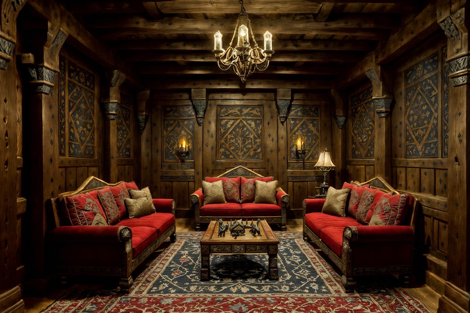 medieval-style (gaming room interior) . with castle interior and heavy furniture pieces and castle interior and stone walls and upholstery on chairs and sofas and deep colors like red, gold, or blue and intricate wooden inlay designs and carvings and timber walls. . cinematic photo, highly detailed, cinematic lighting, ultra-detailed, ultrarealistic, photorealism, 8k. medieval interior design style. masterpiece, cinematic light, ultrarealistic+, photorealistic+, 8k, raw photo, realistic, sharp focus on eyes, (symmetrical eyes), (intact eyes), hyperrealistic, highest quality, best quality, , highly detailed, masterpiece, best quality, extremely detailed 8k wallpaper, masterpiece, best quality, ultra-detailed, best shadow, detailed background, detailed face, detailed eyes, high contrast, best illumination, detailed face, dulux, caustic, dynamic angle, detailed glow. dramatic lighting. highly detailed, insanely detailed hair, symmetrical, intricate details, professionally retouched, 8k high definition. strong bokeh. award winning photo.