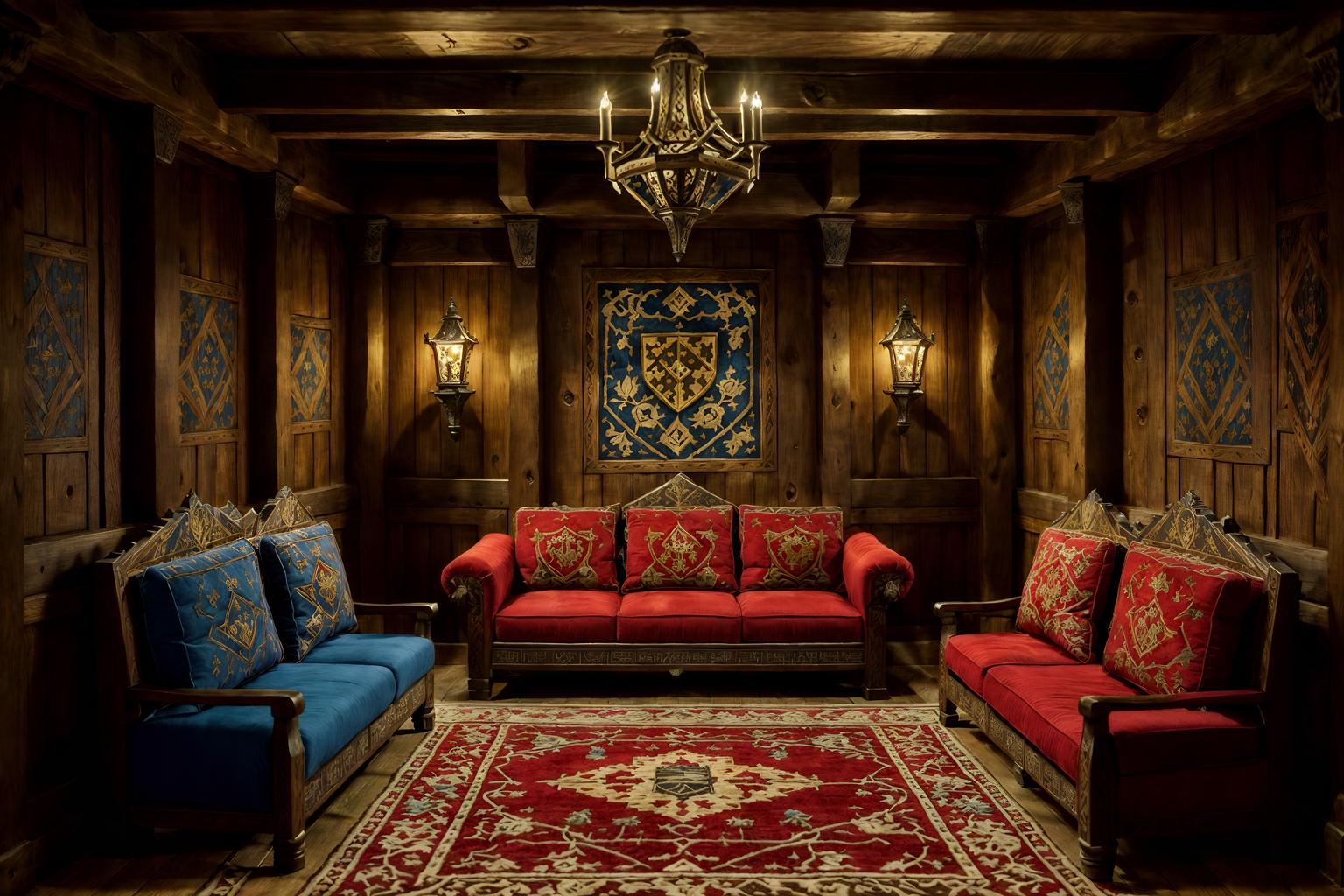 medieval-style (gaming room interior) . with castle interior and heavy furniture pieces and castle interior and stone walls and upholstery on chairs and sofas and deep colors like red, gold, or blue and intricate wooden inlay designs and carvings and timber walls. . cinematic photo, highly detailed, cinematic lighting, ultra-detailed, ultrarealistic, photorealism, 8k. medieval interior design style. masterpiece, cinematic light, ultrarealistic+, photorealistic+, 8k, raw photo, realistic, sharp focus on eyes, (symmetrical eyes), (intact eyes), hyperrealistic, highest quality, best quality, , highly detailed, masterpiece, best quality, extremely detailed 8k wallpaper, masterpiece, best quality, ultra-detailed, best shadow, detailed background, detailed face, detailed eyes, high contrast, best illumination, detailed face, dulux, caustic, dynamic angle, detailed glow. dramatic lighting. highly detailed, insanely detailed hair, symmetrical, intricate details, professionally retouched, 8k high definition. strong bokeh. award winning photo.